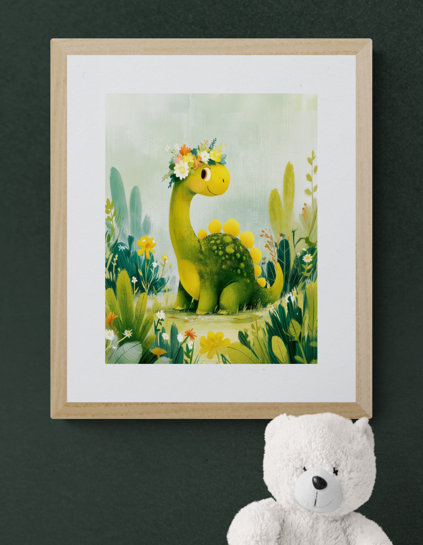 Smiling Dinosaur with Flower Crown in Wildflower Meadow - Whimsical Green and Yellow Nursery Wall Art Illustration