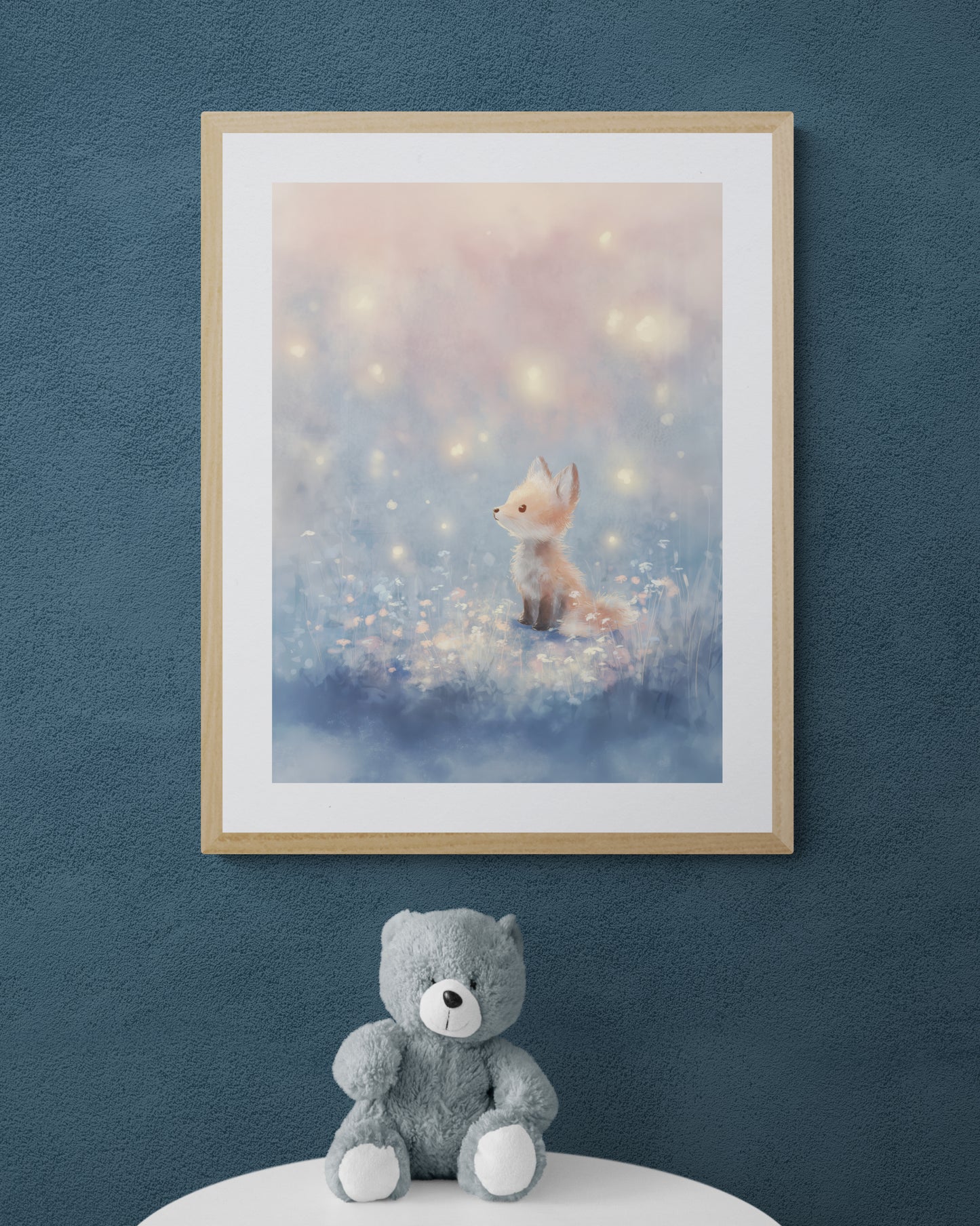 Whimsical Baby Fox with Fireflies in Pastel Twilight Meadow – Digital Painting Wall Art Print