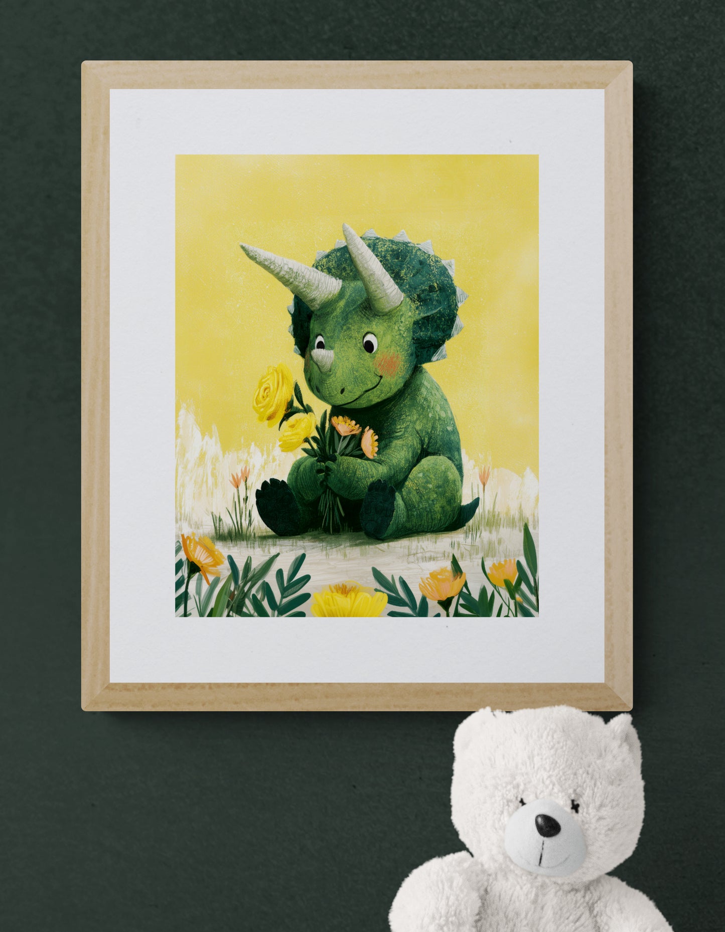 Sweet Green Dinosaur with Yellow Flowers – Whimsical Nursery Illustration on Sunny Yellow Background