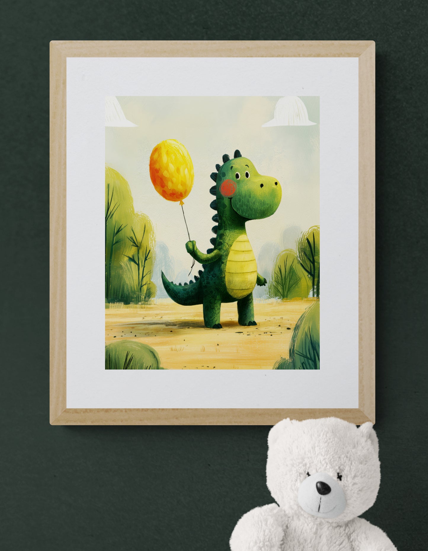 Cheerful Green Dinosaur with Yellow Balloon – Whimsical Nursery Illustration in Soft Greens and Sunshine Yellows