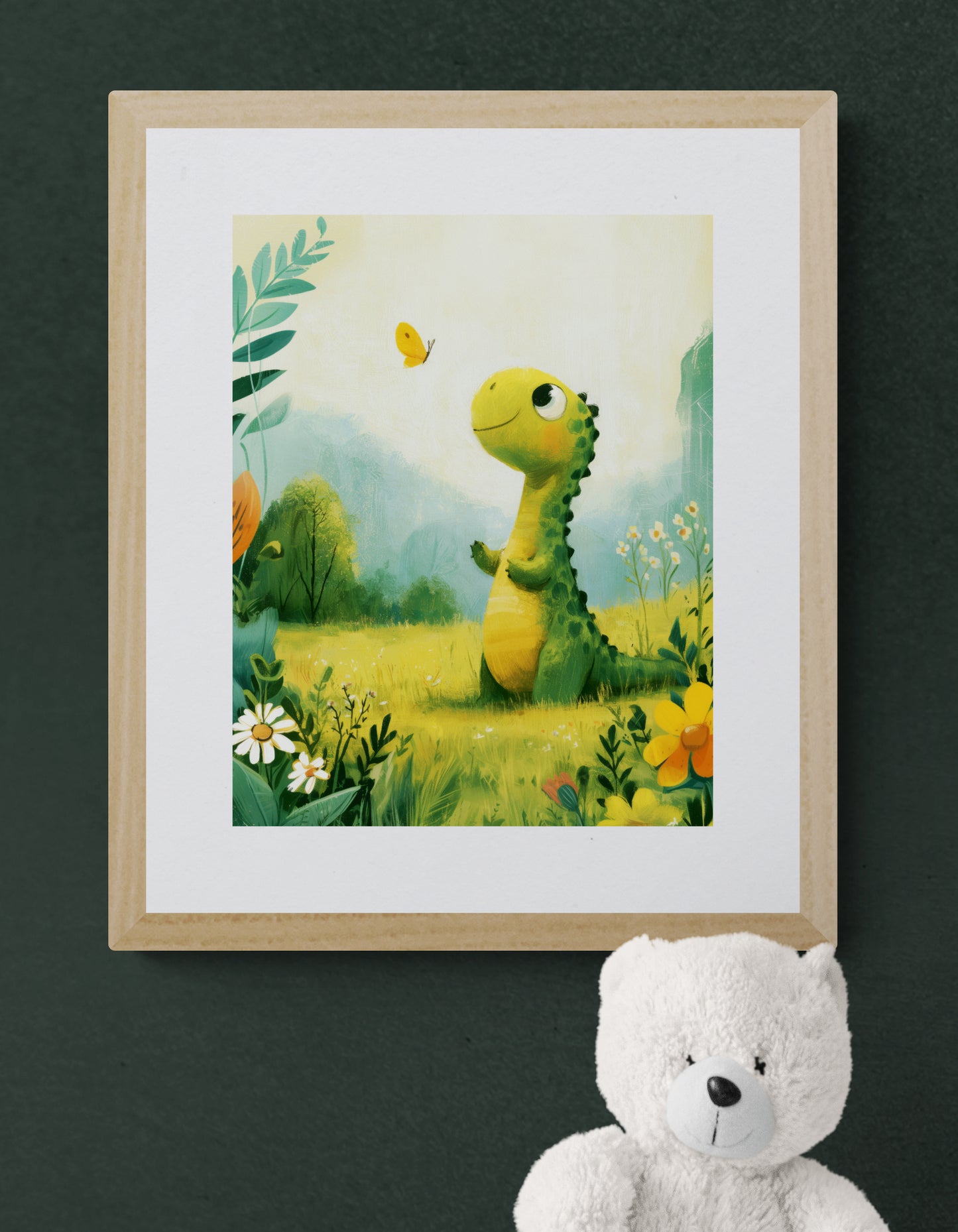 Whimsical Baby Dinosaur and Butterfly in a Sunny Meadow – Playful Green and Yellow Illustrative Nursery Wall Art Print