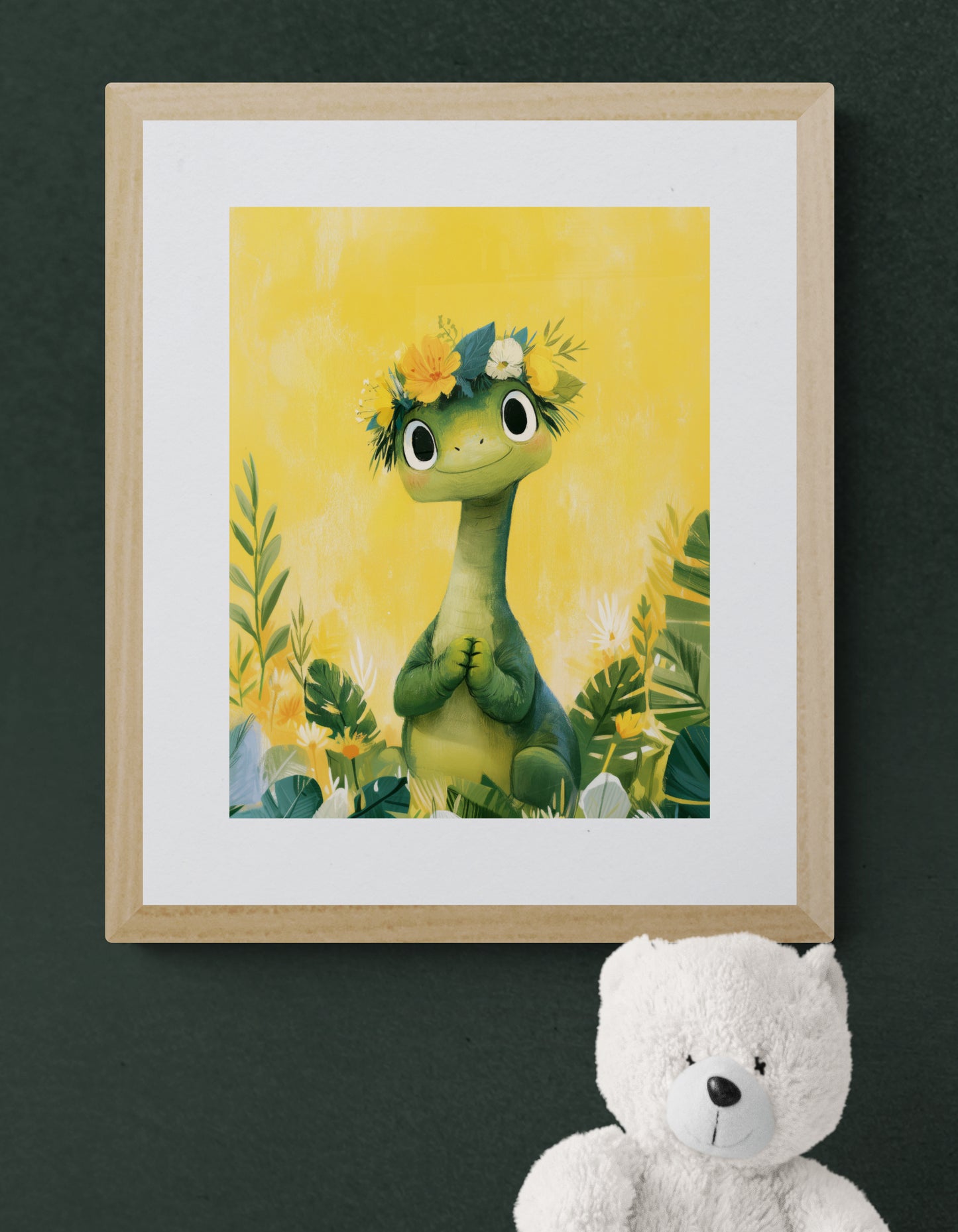 Smiling Dinosaur with Flower Crown on Sunny Yellow - Whimsical Green Nursery Illustration