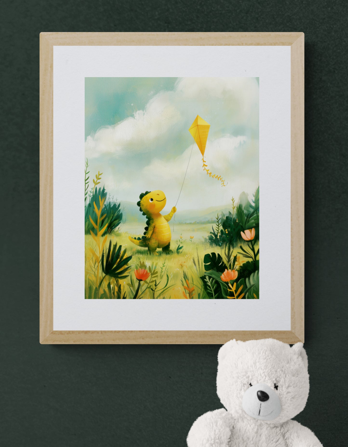 Playful Dinosaur Flying a Yellow Kite in a Sunny Meadow – Whimsical Illustrative Nursery Wall Art