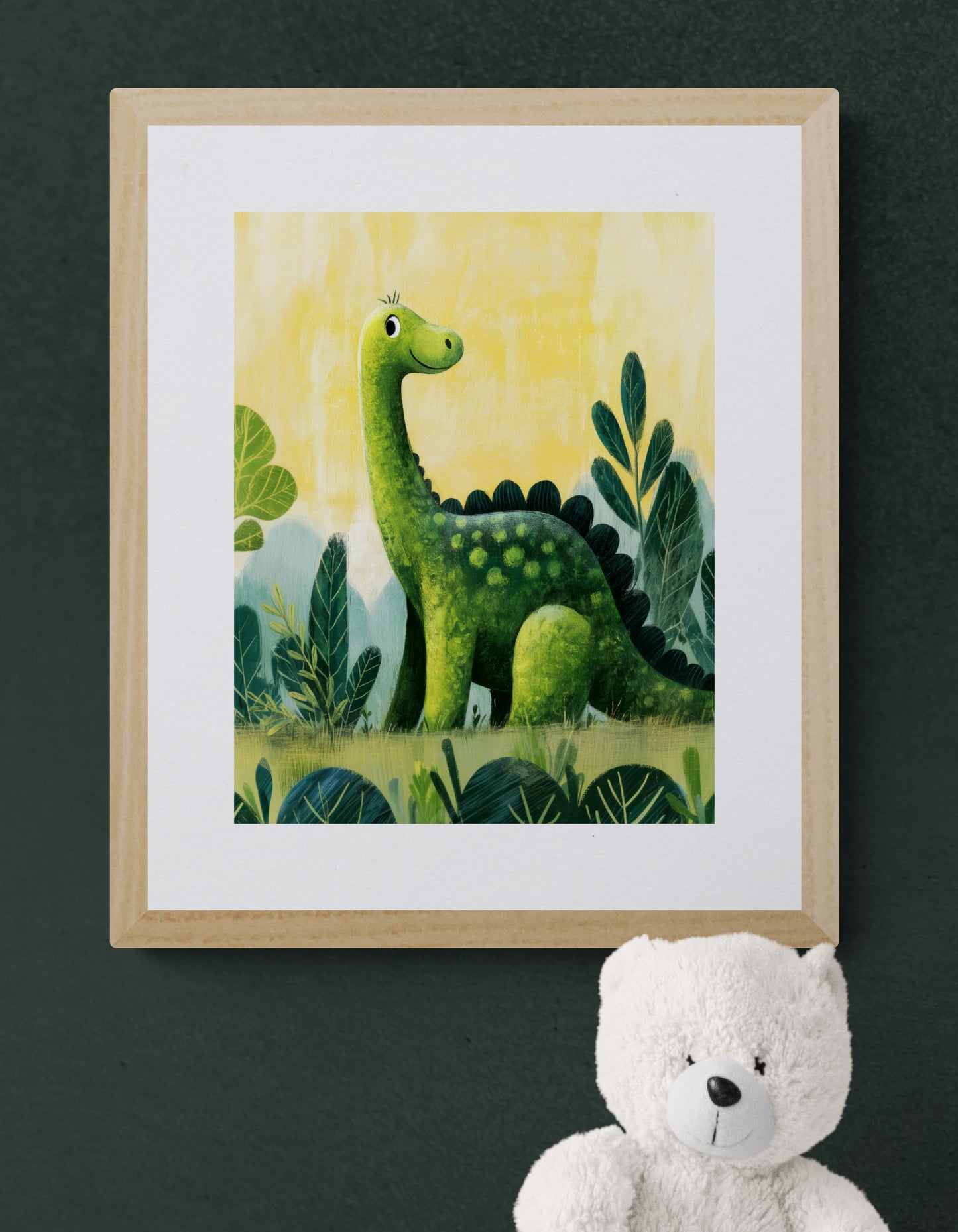 Happy Green Dinosaur in a Jungle – Whimsical Kids Wall Art Print, Playful Nursery Decor, Cute Brontosaurus Illustration