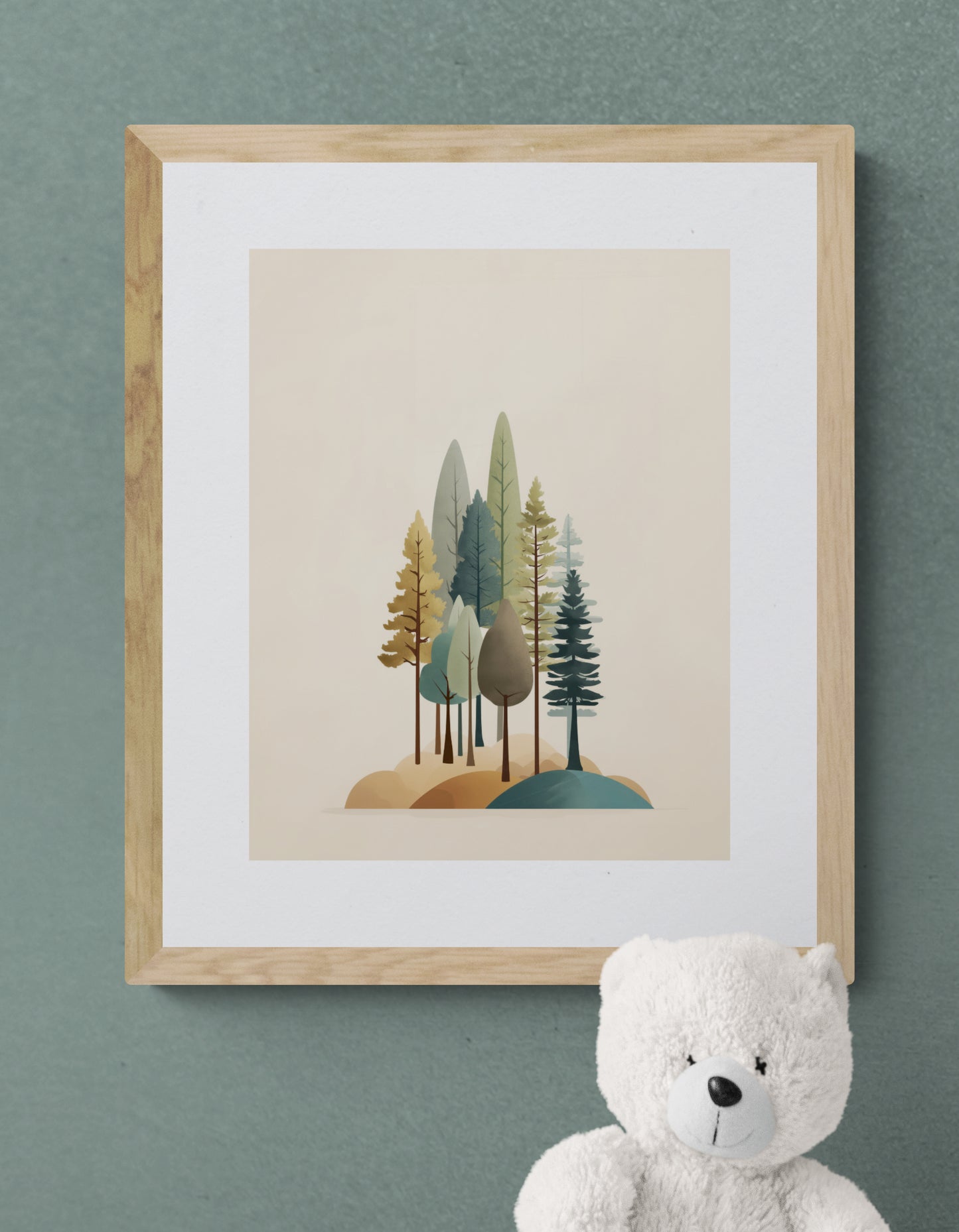 Minimal Woodland Trees Nursery Wall Art, Scandinavian Forest Print, Neutral Sage Teal Mustard Kids Room Decor
