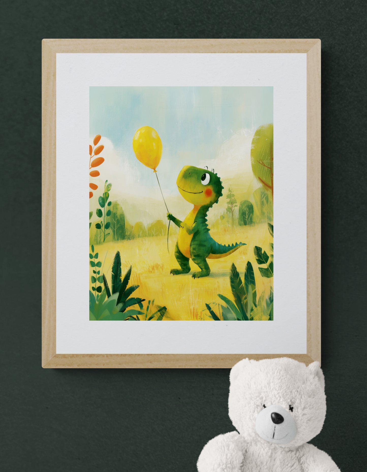Smiling Dinosaur with Yellow Balloon in a Sunny Meadow – Whimsical Green Dino Illustration for Nursery and Kids Room