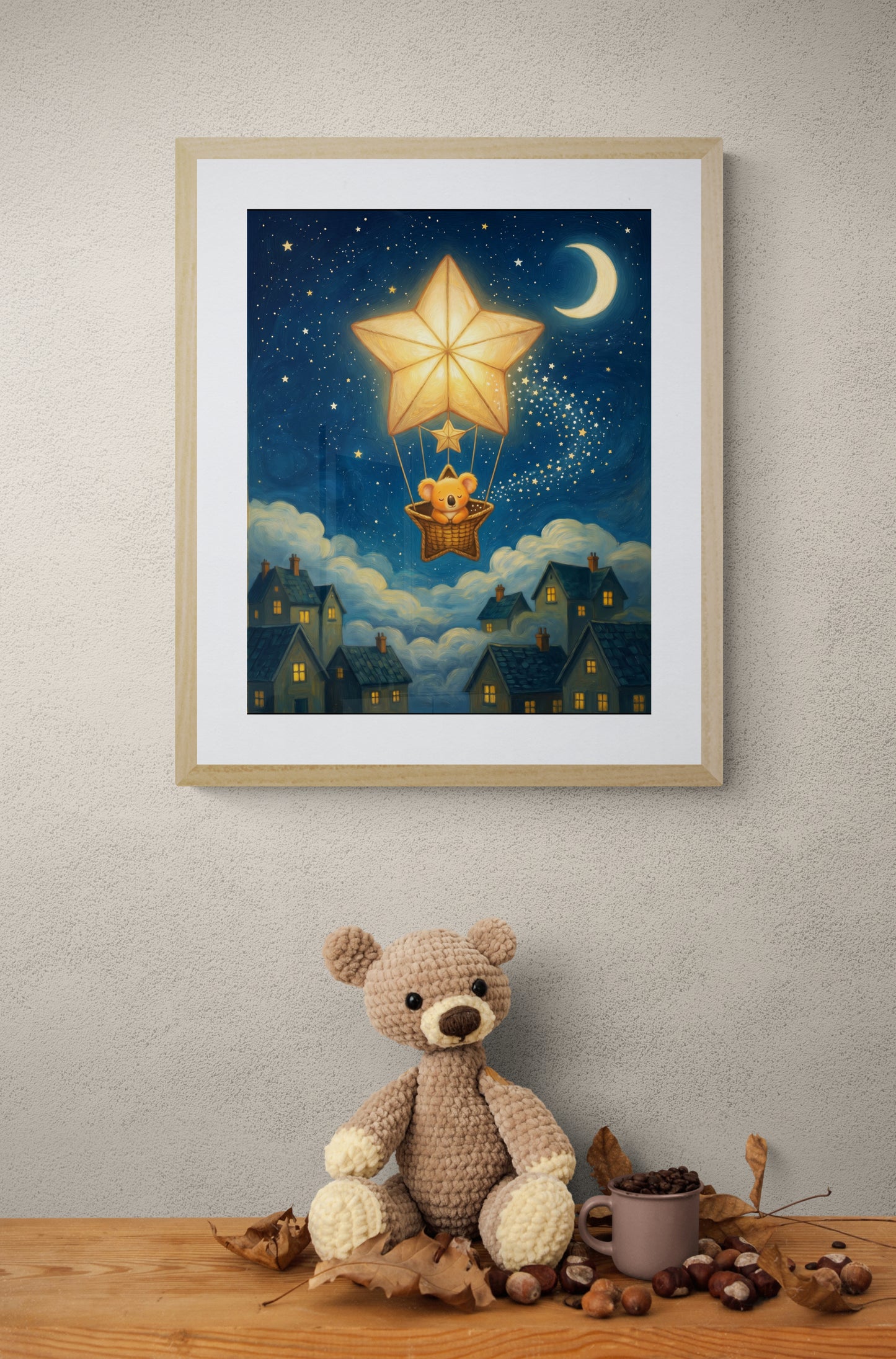 Sleepy Koala in Star Balloon Over Moonlit Village – Dreamy Celestial Nursery Wall Art Print, Digital Illustration
