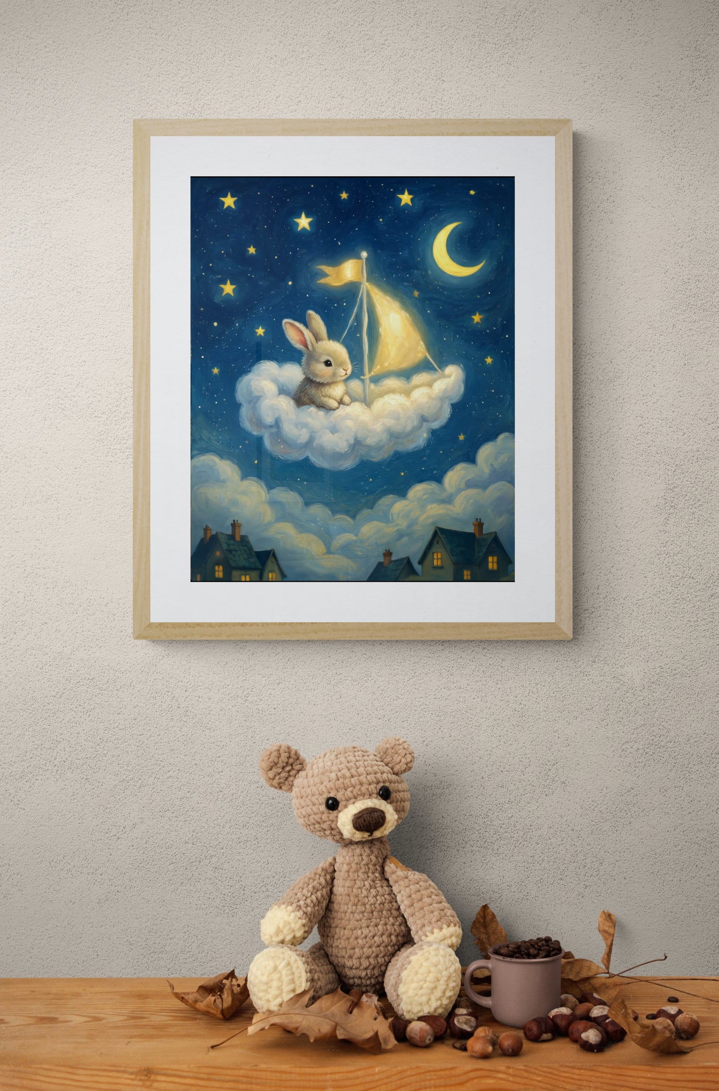 Dreamy Bunny Sailing a Cloud Under Moon and Stars - Whimsical Night Sky Digital Illustration Nursery Wall Art Print