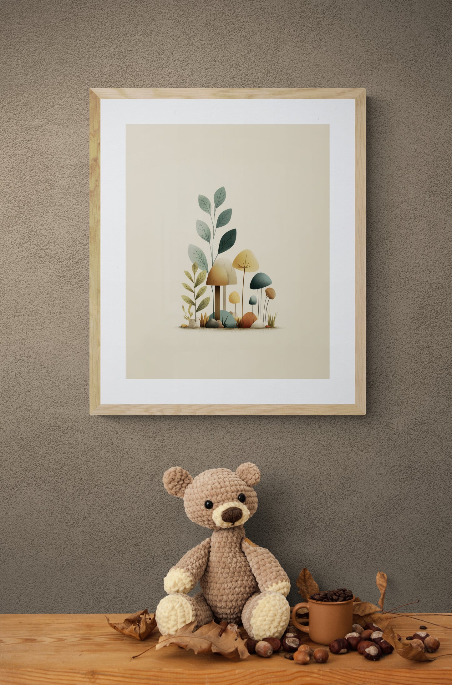 Minimal Woodland Mushroom Nursery Wall Art, Scandinavian Botanical Print, Neutral Sage Teal Mustard Kids Room Decor