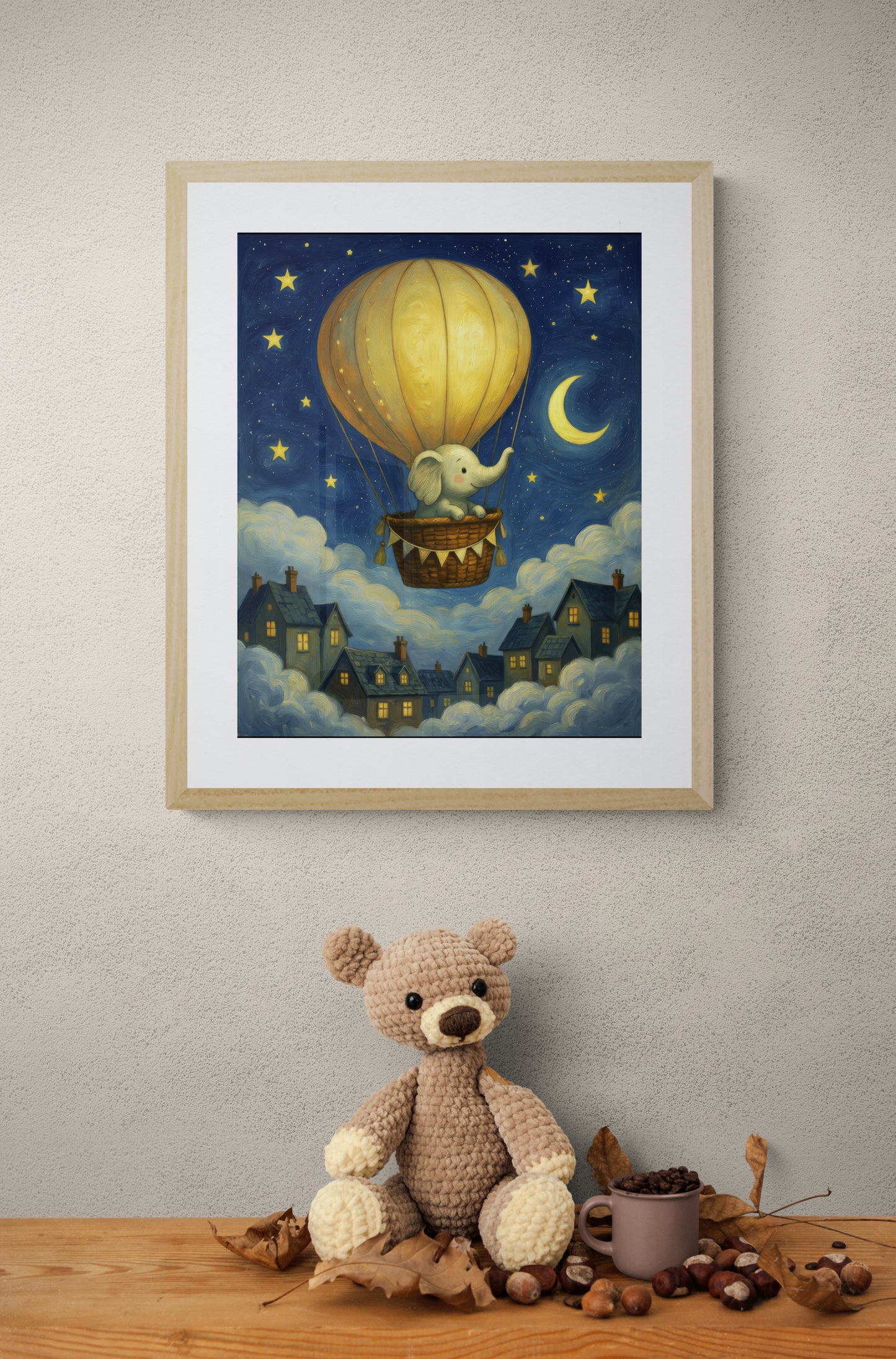 Dreamy Elephant Balloon Ride Under Moon and Stars - Whimsical Gouache Nursery Wall Art Print