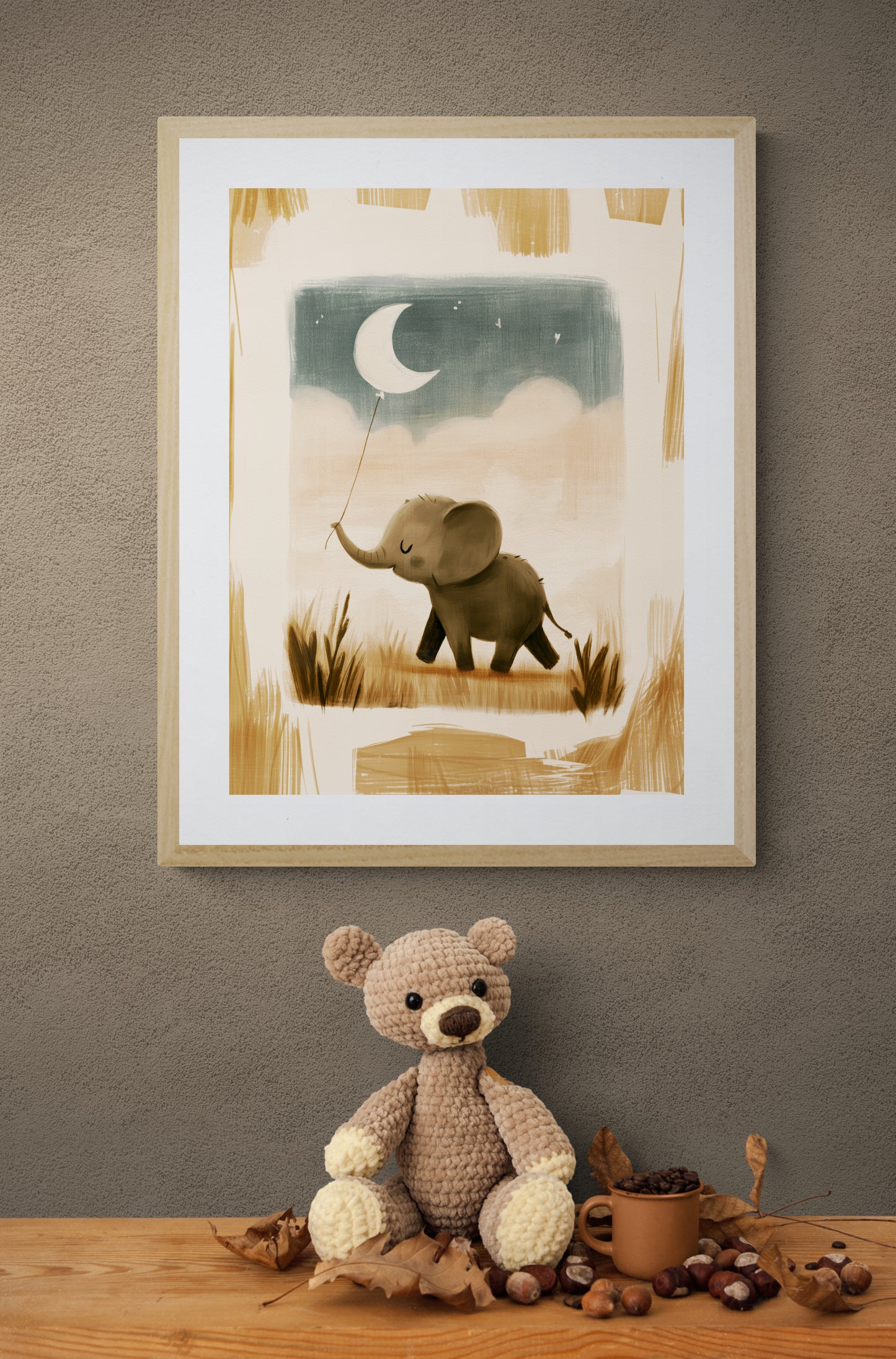 Baby Elephant with Moon Balloon — Whimsical Minimalist Safari Nursery Illustration in Warm Neutrals