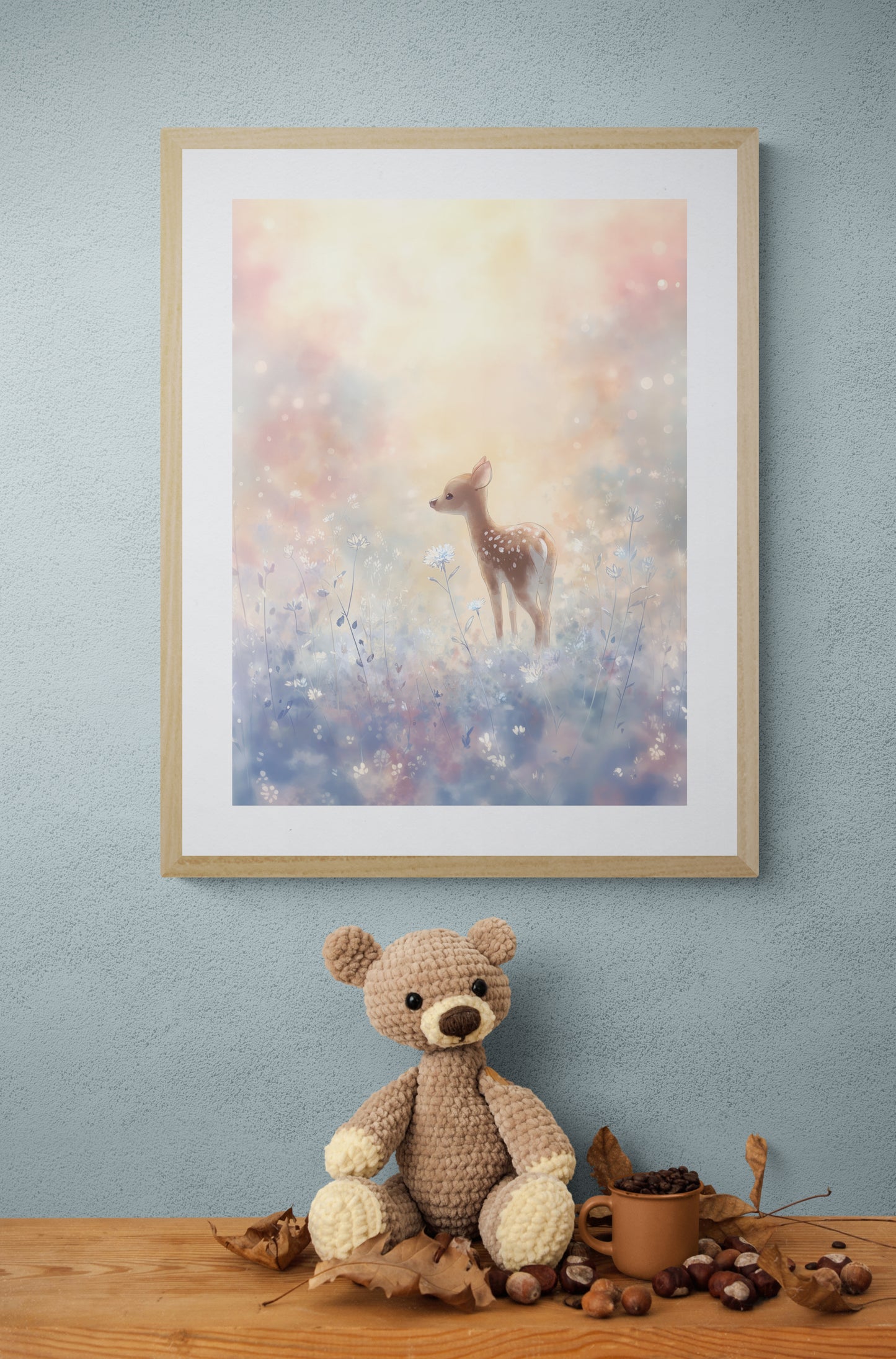 Dreamy Fawn in a Wildflower Meadow – Soft Pastel Digital Watercolor Nursery Art Print