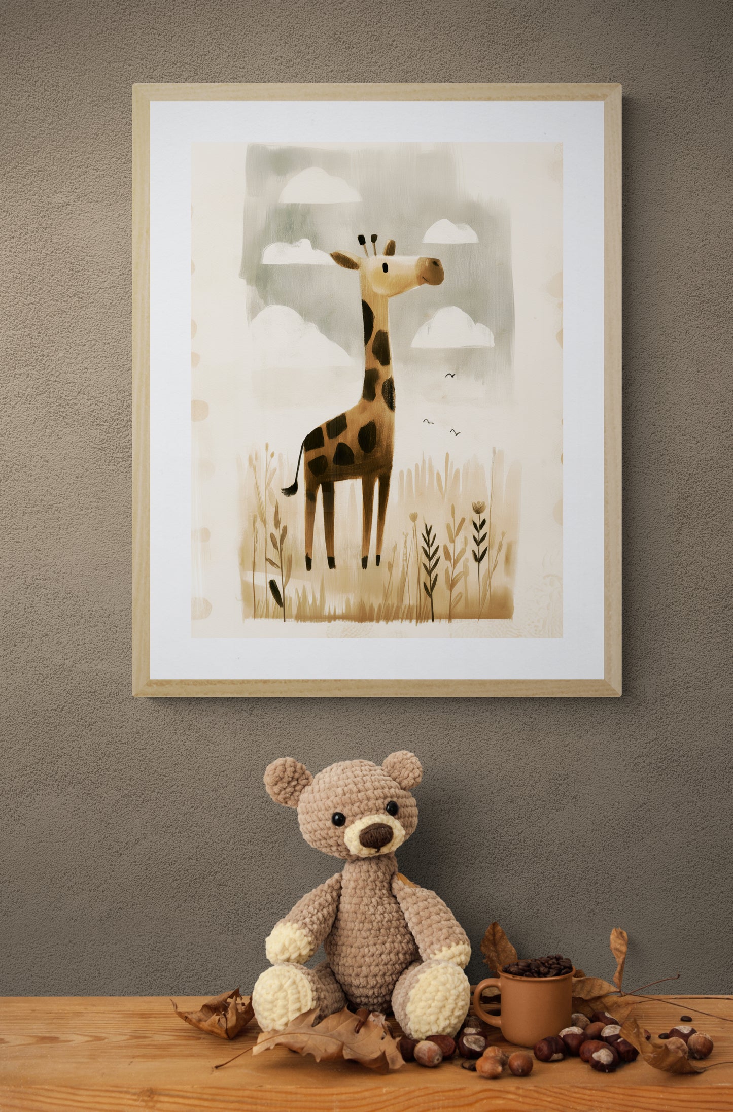 Whimsical Giraffe in Meadow – Neutral Safari Nursery Wall Art, Soft Watercolor Illustration in Beige and Brown