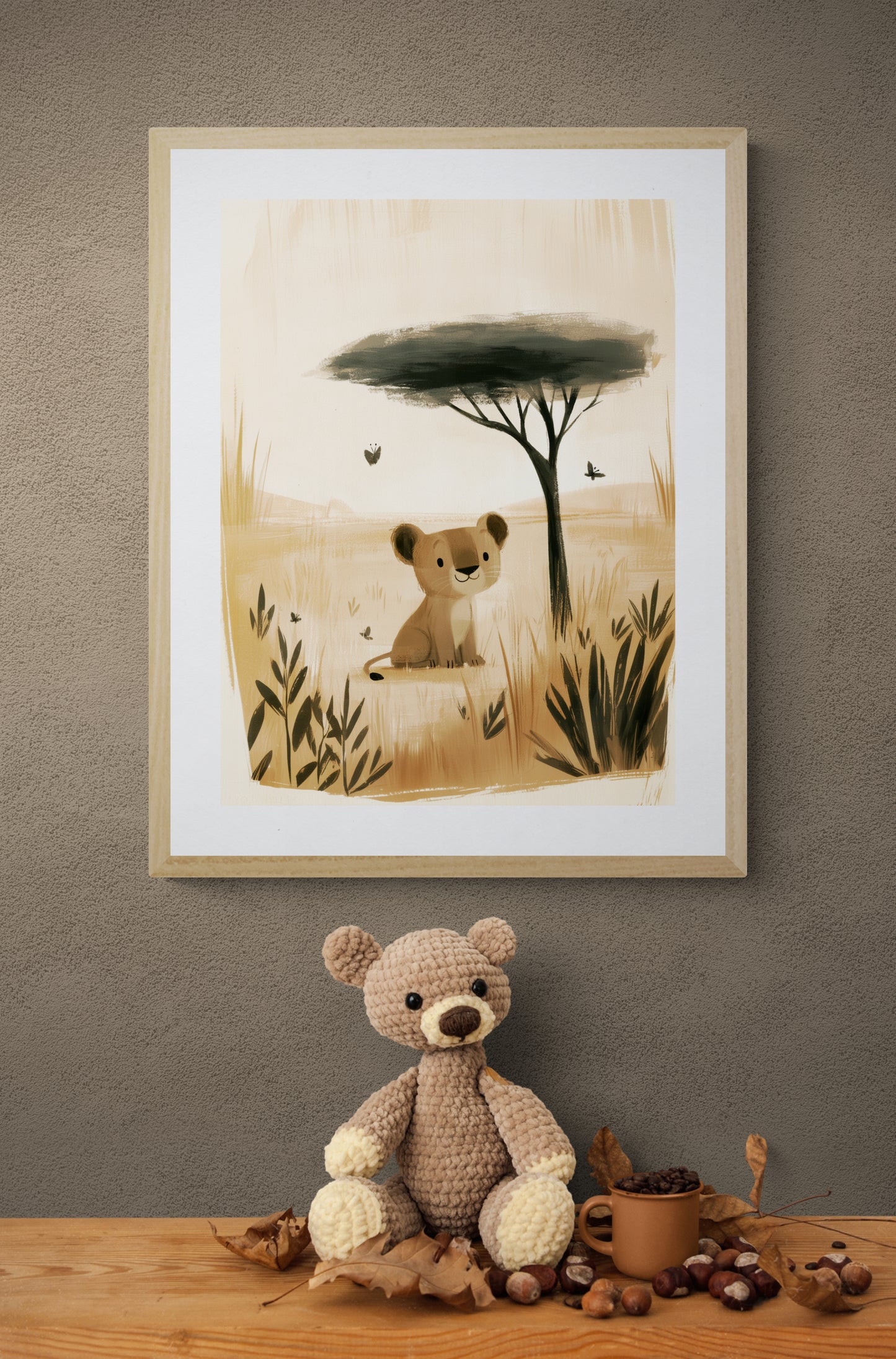Cute Baby Lion Cub in the Savanna – Minimalist Safari Illustration in Warm Neutrals for Nursery and Kids Room