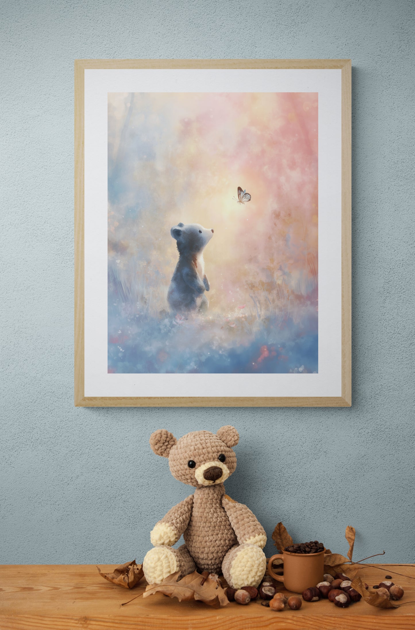 Little Bear and Butterfly Dreamscape – Whimsical Digital Watercolor Nursery Wall Art