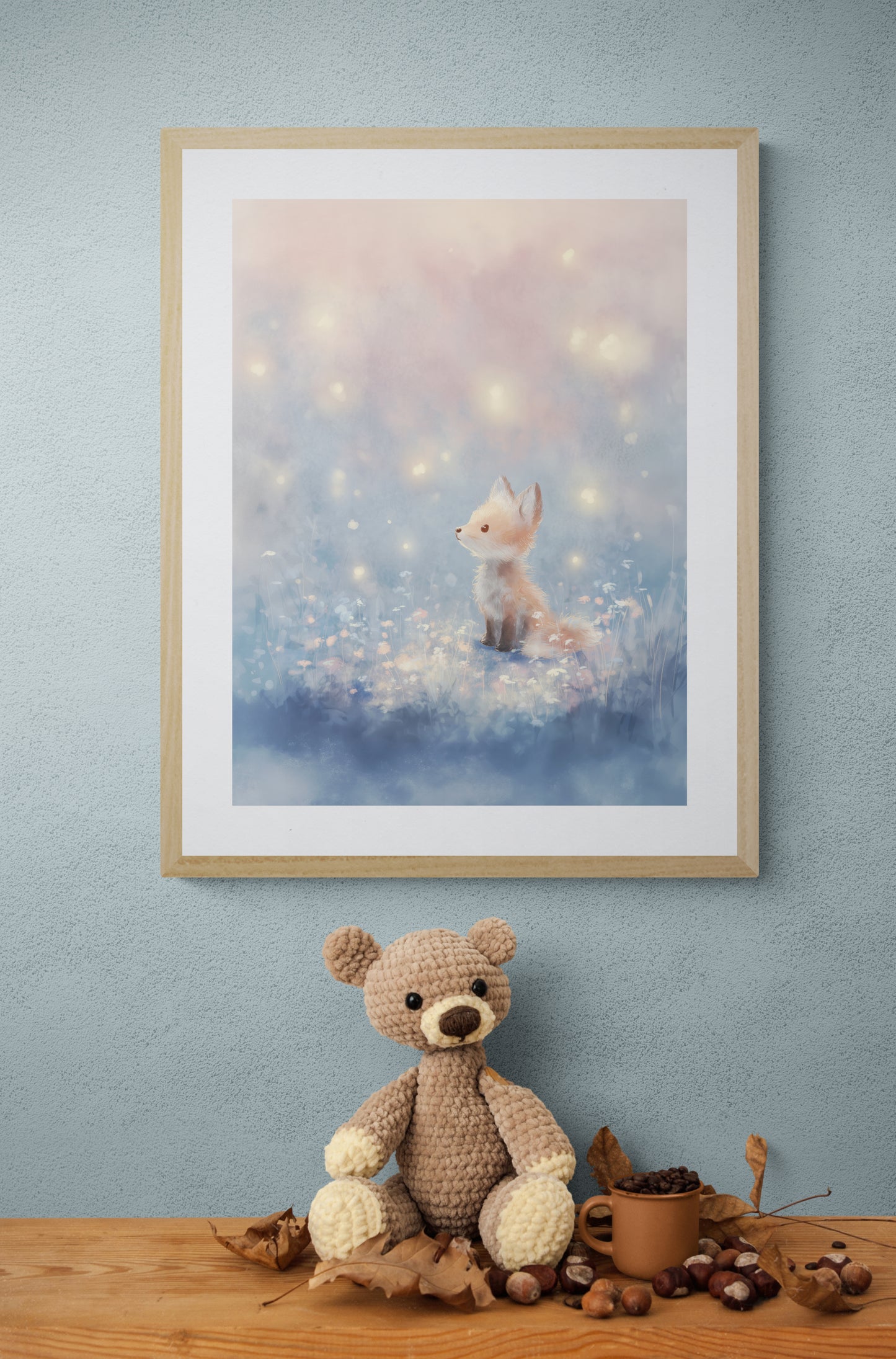 Whimsical Baby Fox with Fireflies in Pastel Twilight Meadow – Digital Painting Wall Art Print