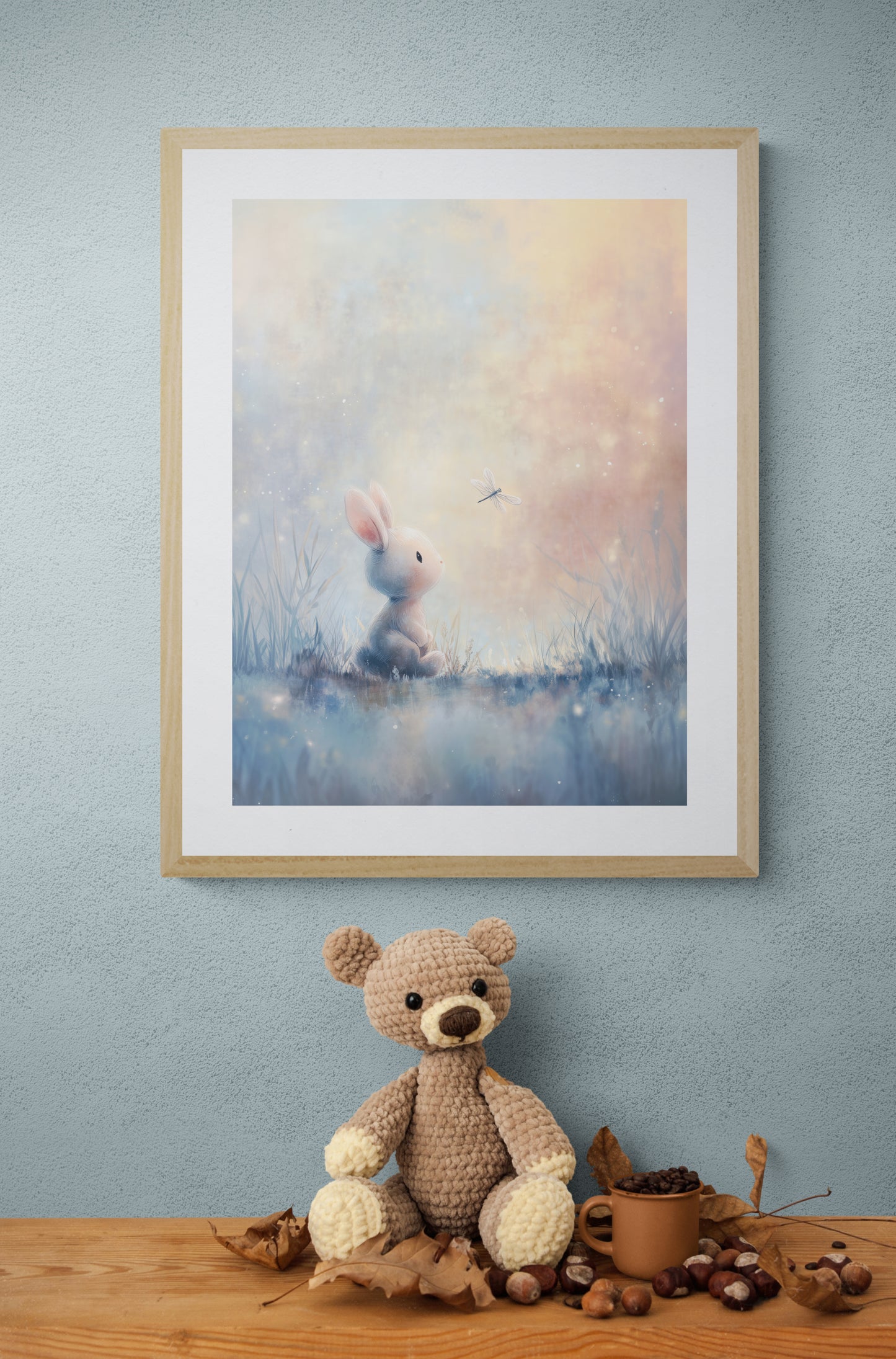 Dreamy Bunny and Dragonfly Meadow - Whimsical Pastel Digital Painting Nursery Wall Art