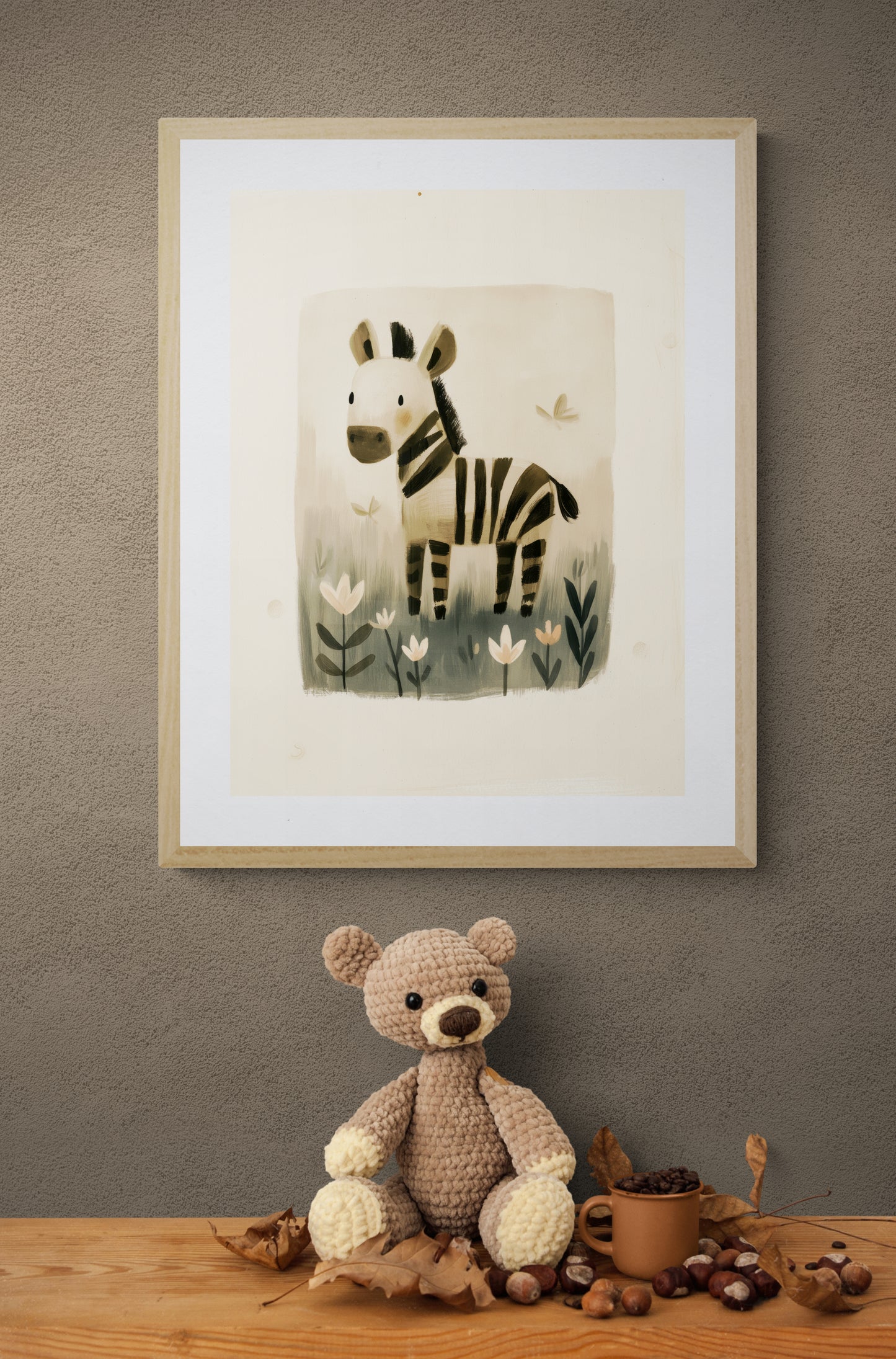 Whimsical Zebra in Wildflower Meadow - Minimalist Nursery Animal Illustration in Soft Neutrals