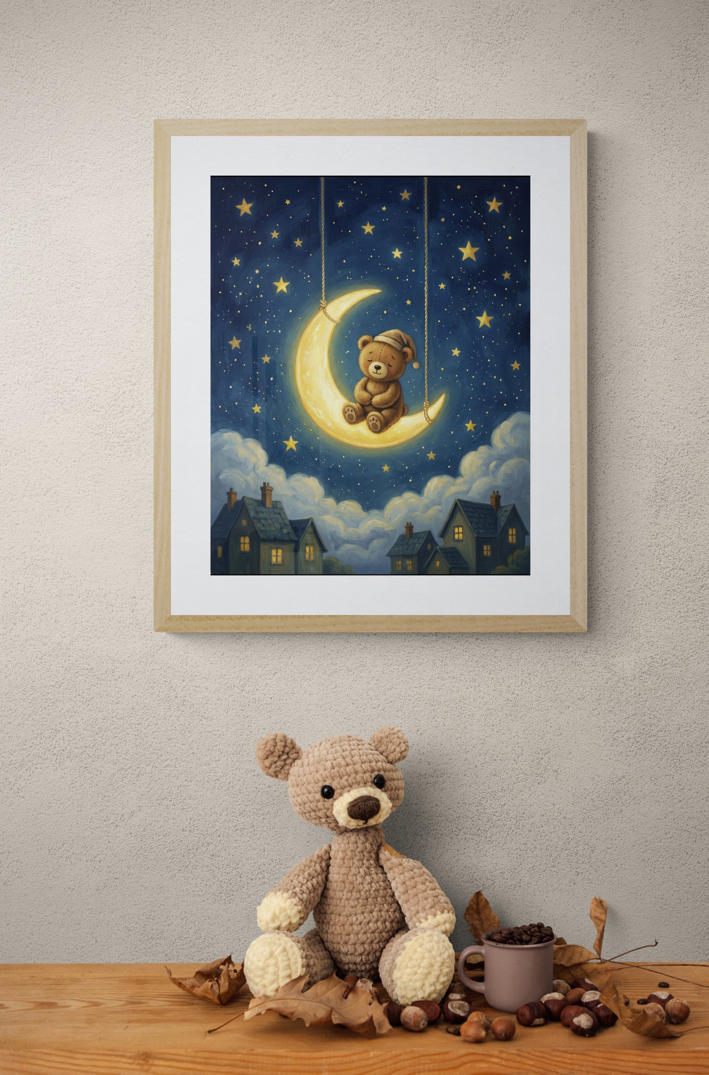 Sleepy Teddy on a Crescent Moon – Whimsical Celestial Night Sky Digital Illustration in Navy and Gold for Nursery Wall Art