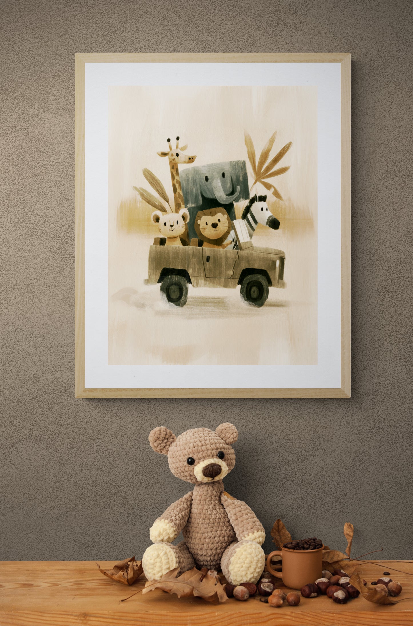 Safari Friends Road Trip – Whimsical Neutral Animal Illustration for Nursery Wall Art
