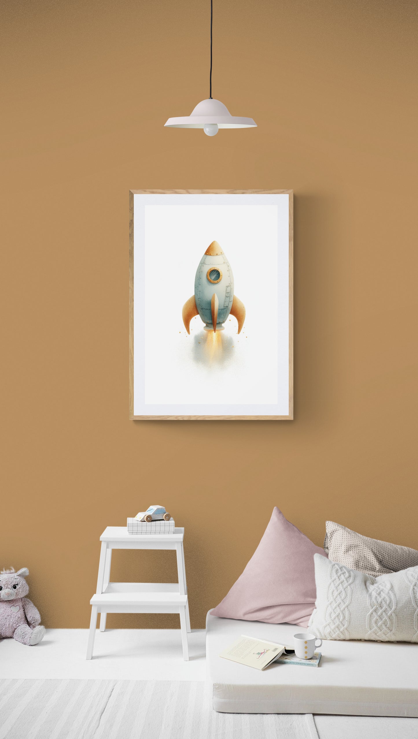 Watercolor Rocket Ship Nursery Wall Art Print, Space Theme Kids Room Decor