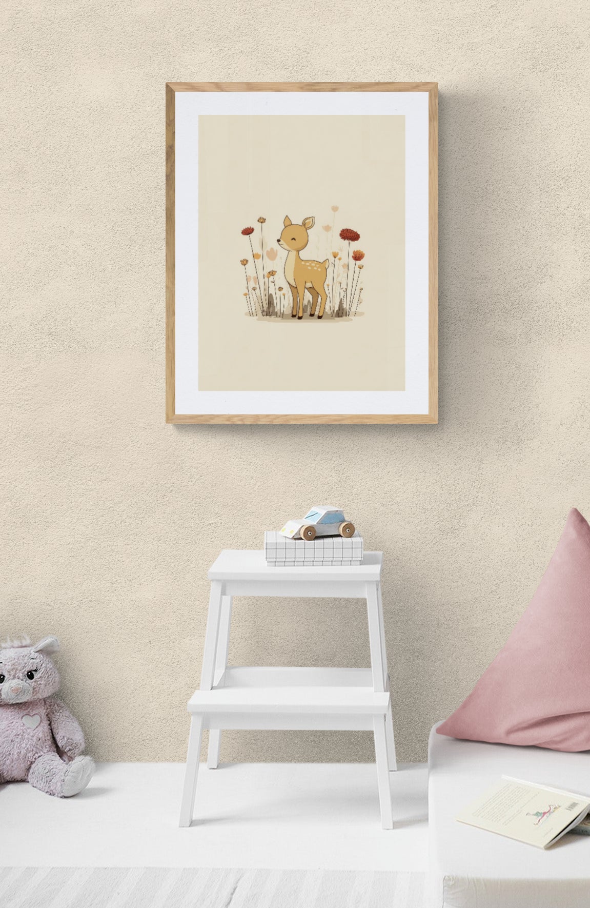 Fawn in Flower Field – Boho Nursery Wall Art | Minimal Baby Deer Floral Print for Kids Room