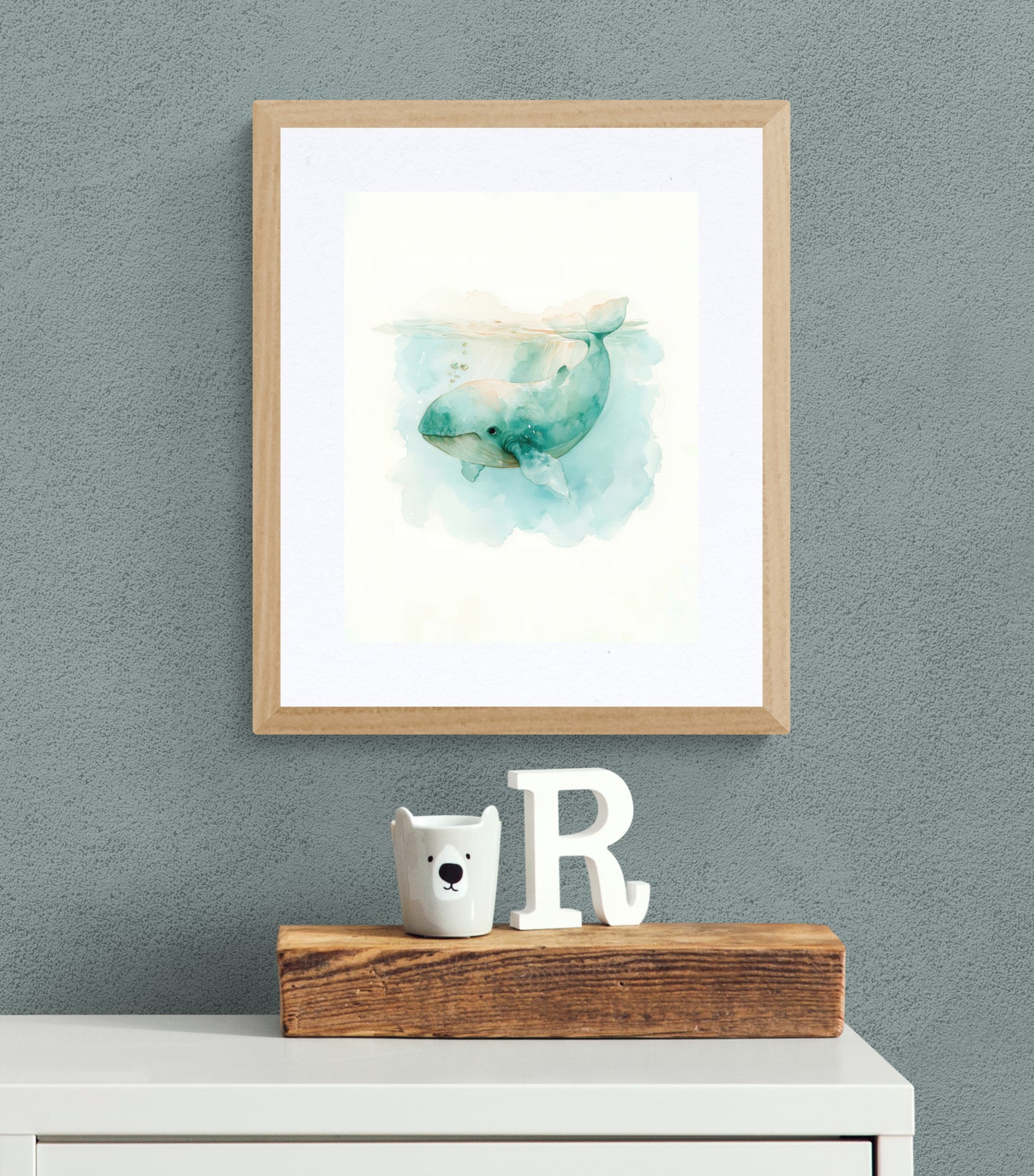 Gentle Seafoam Whale Watercolor – Calming Ocean Nursery Wall Art, Whimsical Coastal Animal Illustration