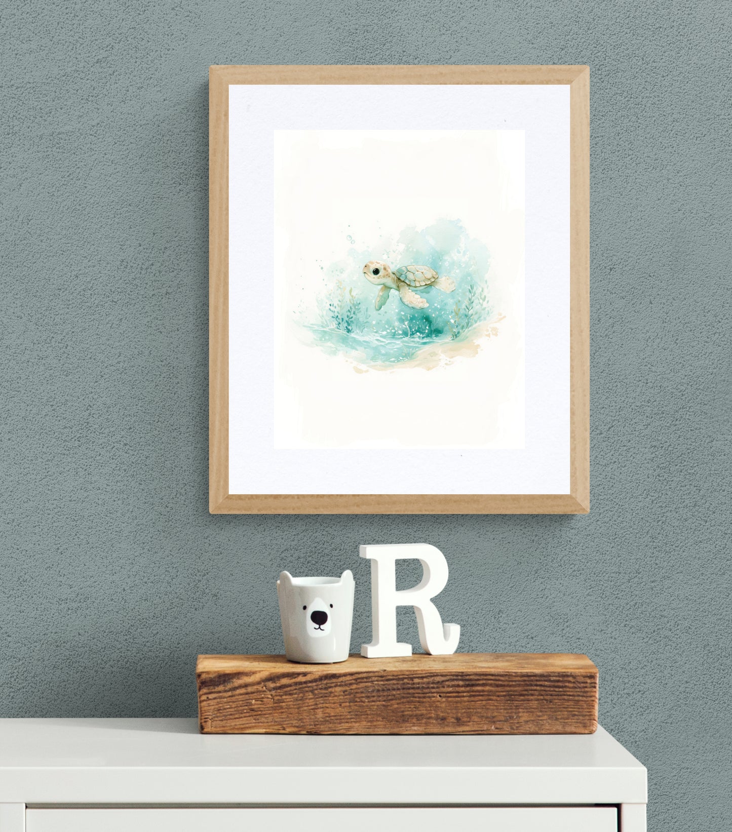Baby Sea Turtle Watercolor – Whimsical Ocean Nursery Wall Art in Soft Aqua and Mint