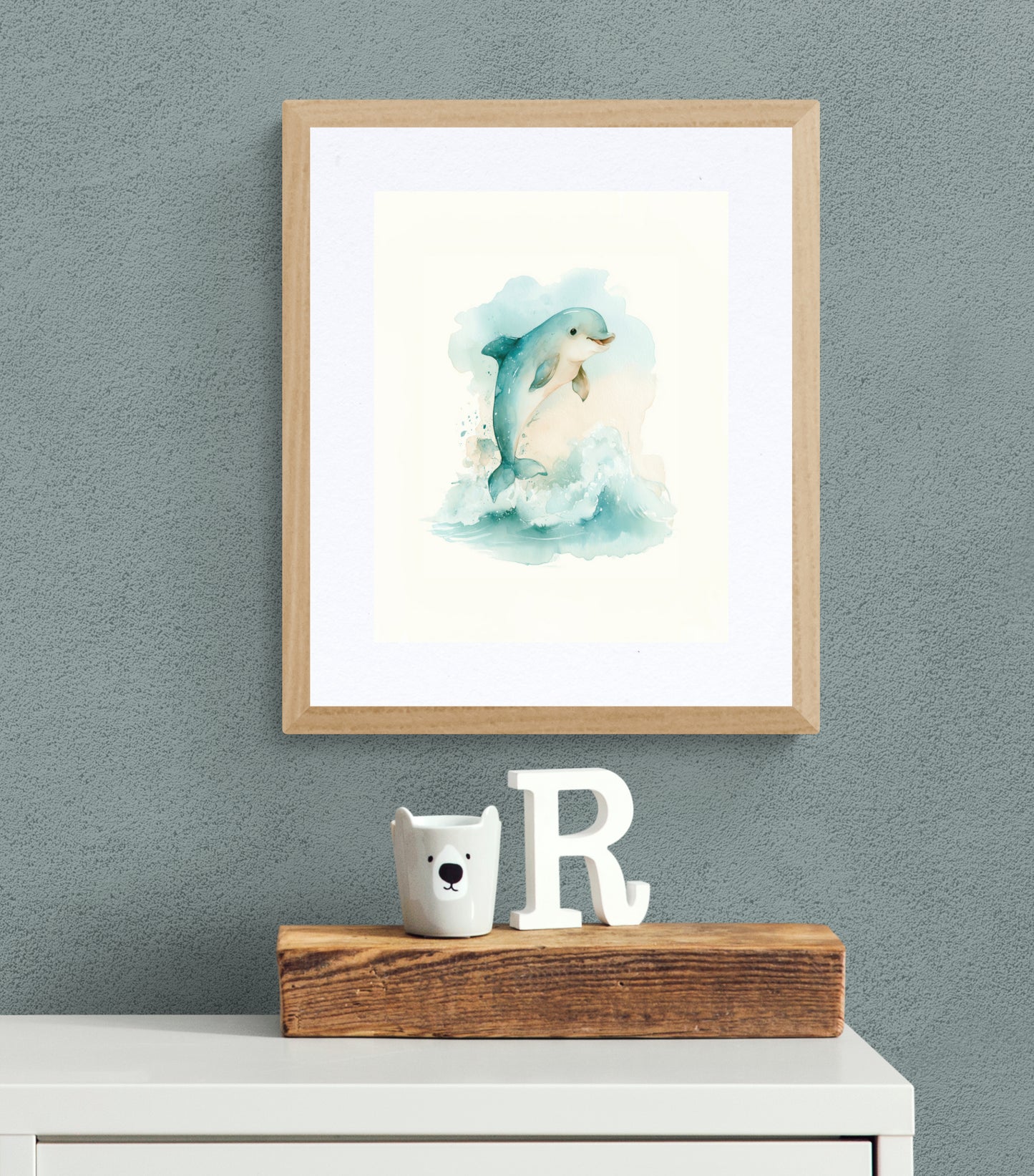Playful Dolphin Splash Watercolor – Whimsical Ocean Nursery Wall Art in Soft Blue and Seafoam