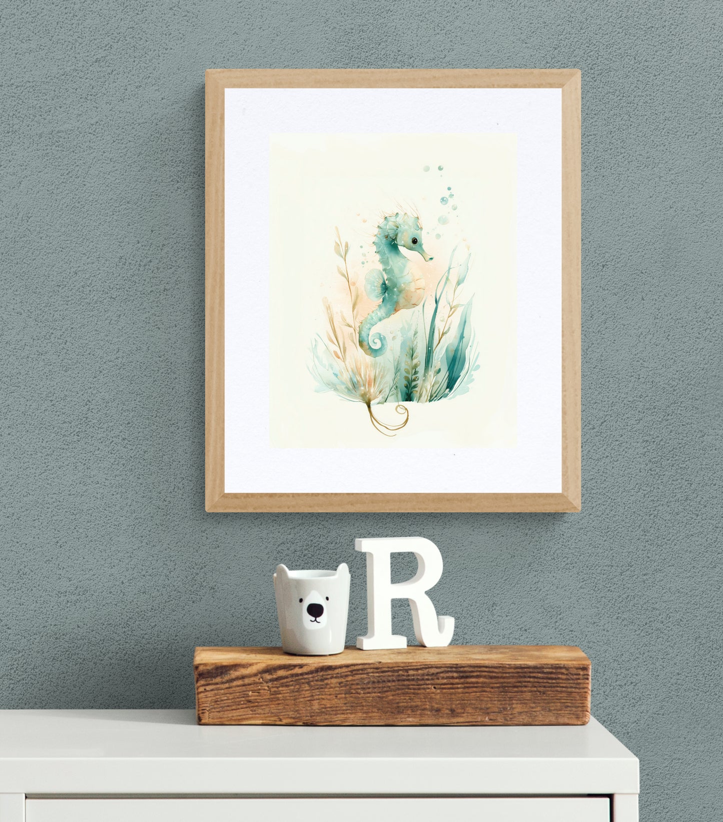 Whimsical Seahorse Watercolor Print in Soft Blue and Green – Calming Coastal Ocean Nursery Wall Art