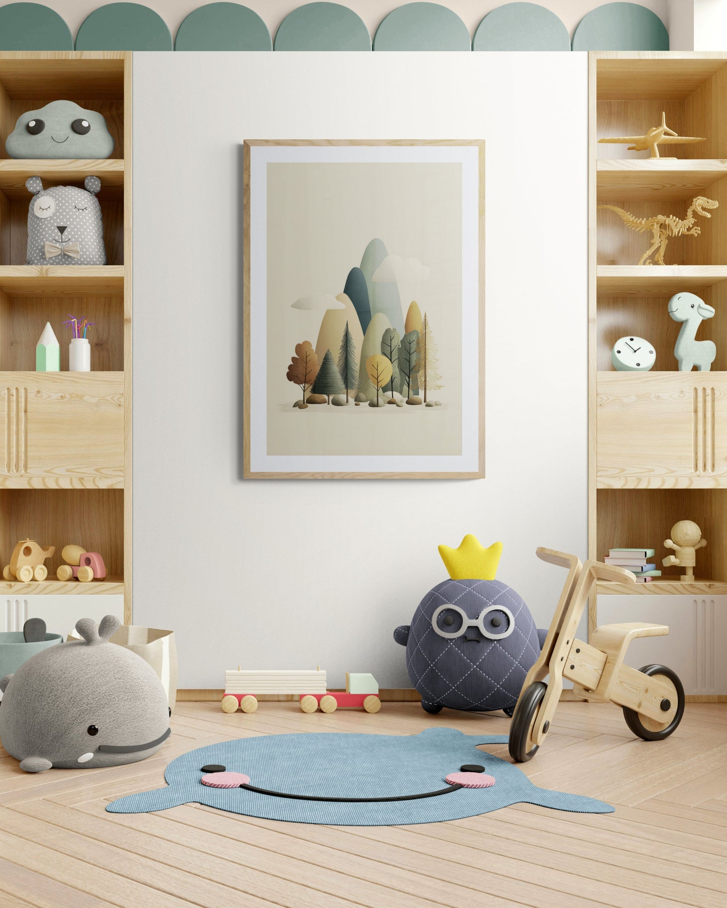 Minimal Mountain Forest Nursery Wall Art, Scandinavian Woodland Landscape, Neutral Kids Room Decor