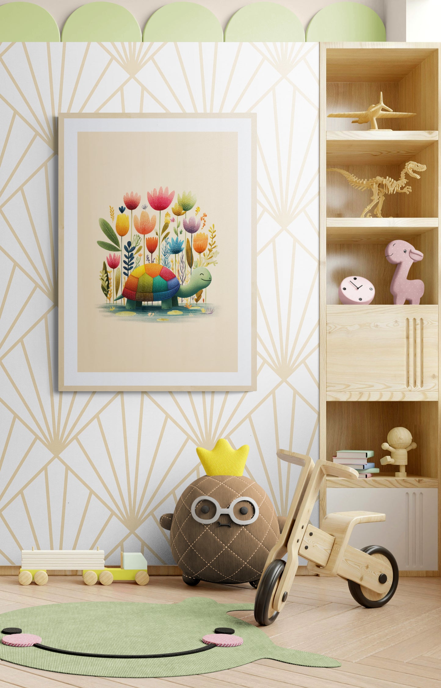 Rainbow Shell Turtle with Garden Flowers – Whimsical Nursery Wall Art Illustration on Beige