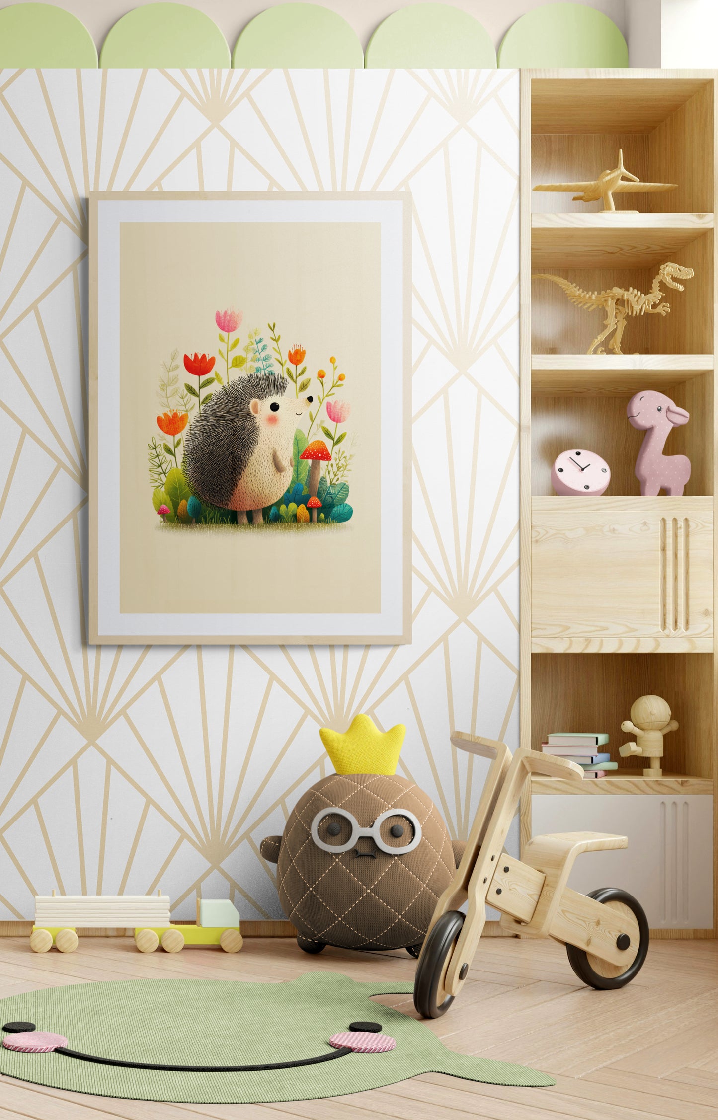 Whimsical Woodland Hedgehog with Wildflowers and Mushrooms — Cute Animal Nursery Wall Art on Beige