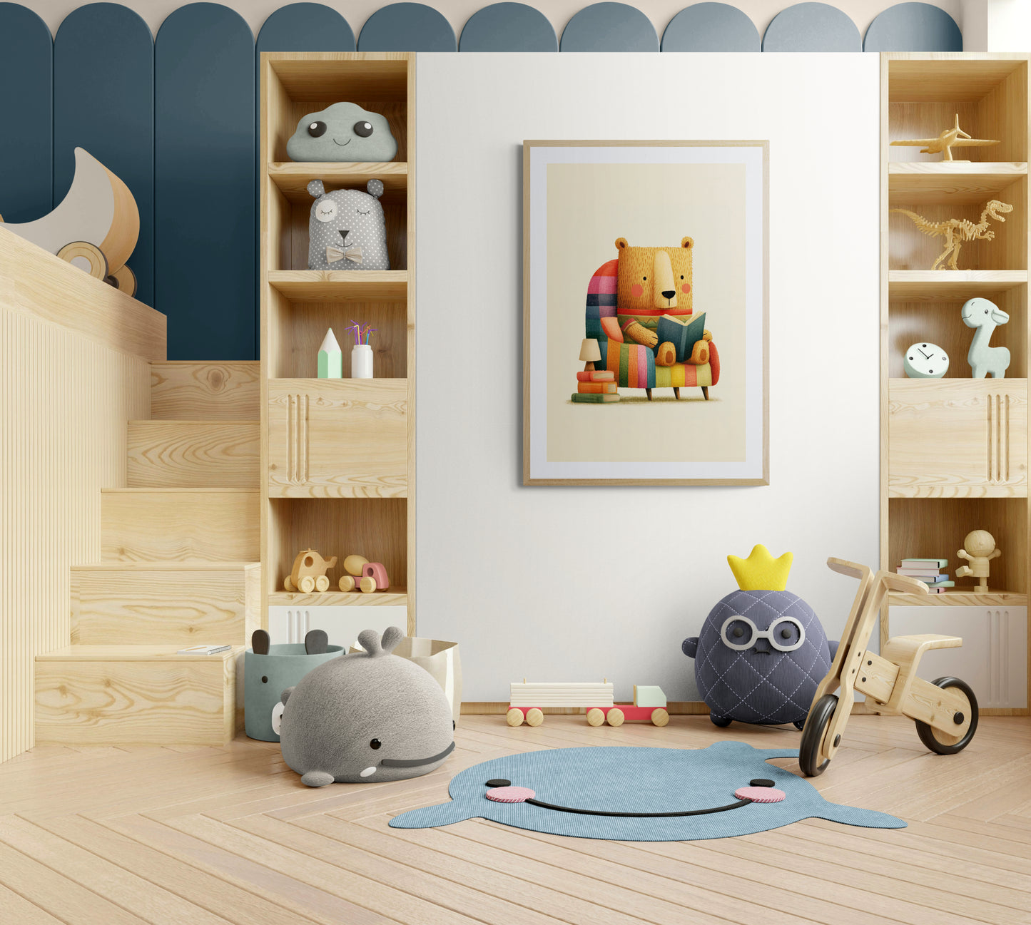Reading Raccoon Under Rainbow Lamp – Whimsical Woodland Nursery Illustration in Cozy Beige and Blue
