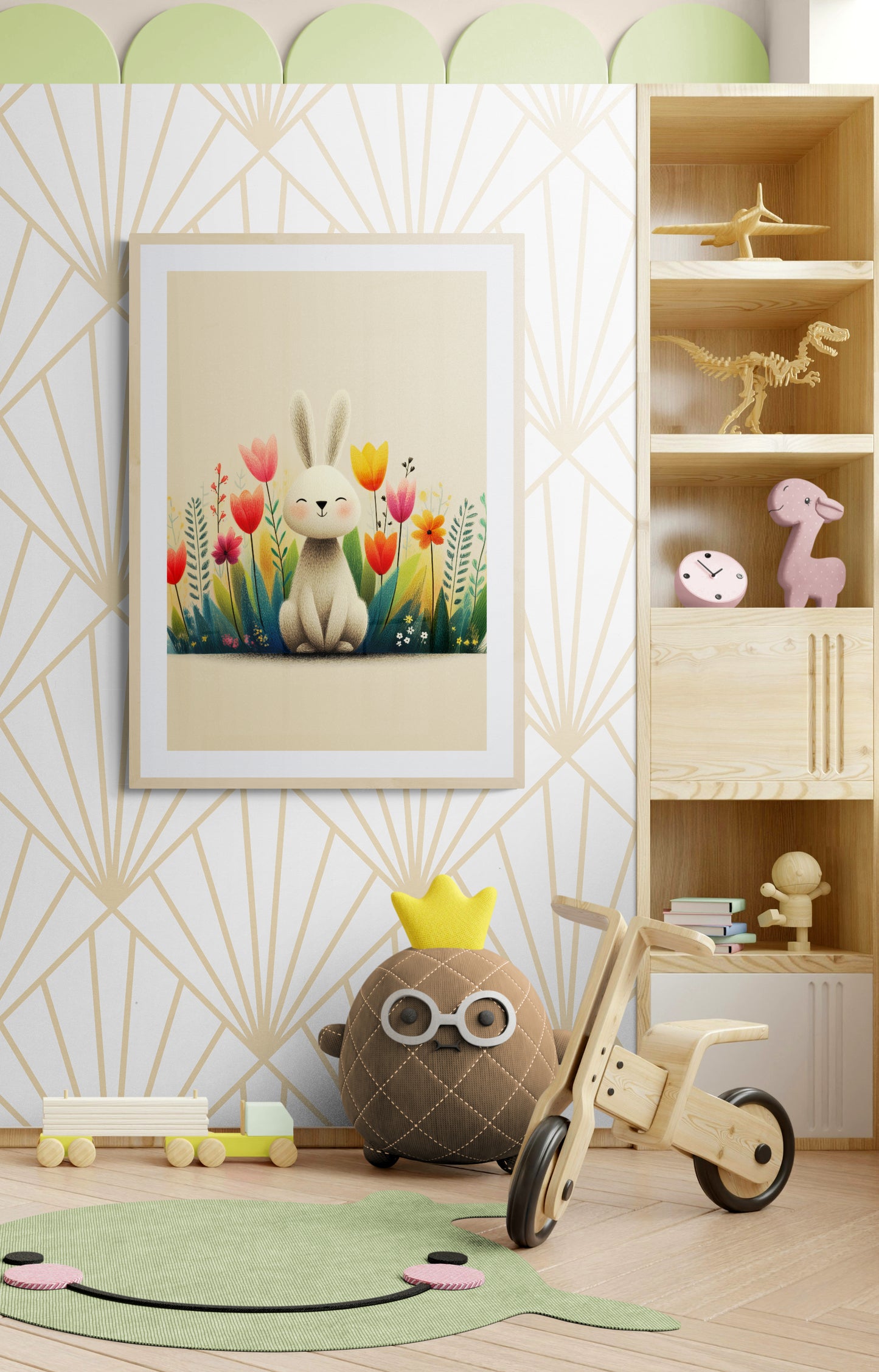 Smiling Bunny Among Wildflowers – Minimalist Nursery Wall Art Print in Soft Beige and Pastel Tones
