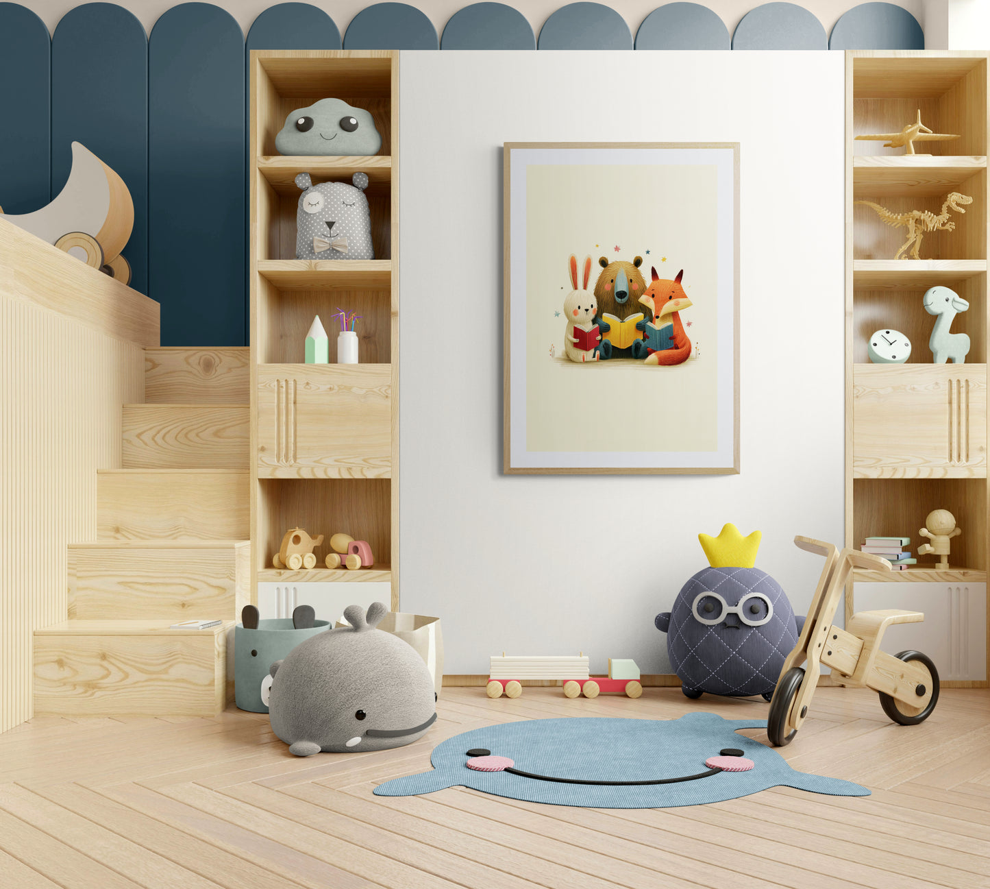 Storytime Forest Friends Minimalist Animal Illustration for Nursery and Kids Room with Fox Bear and Bunny Reading Books