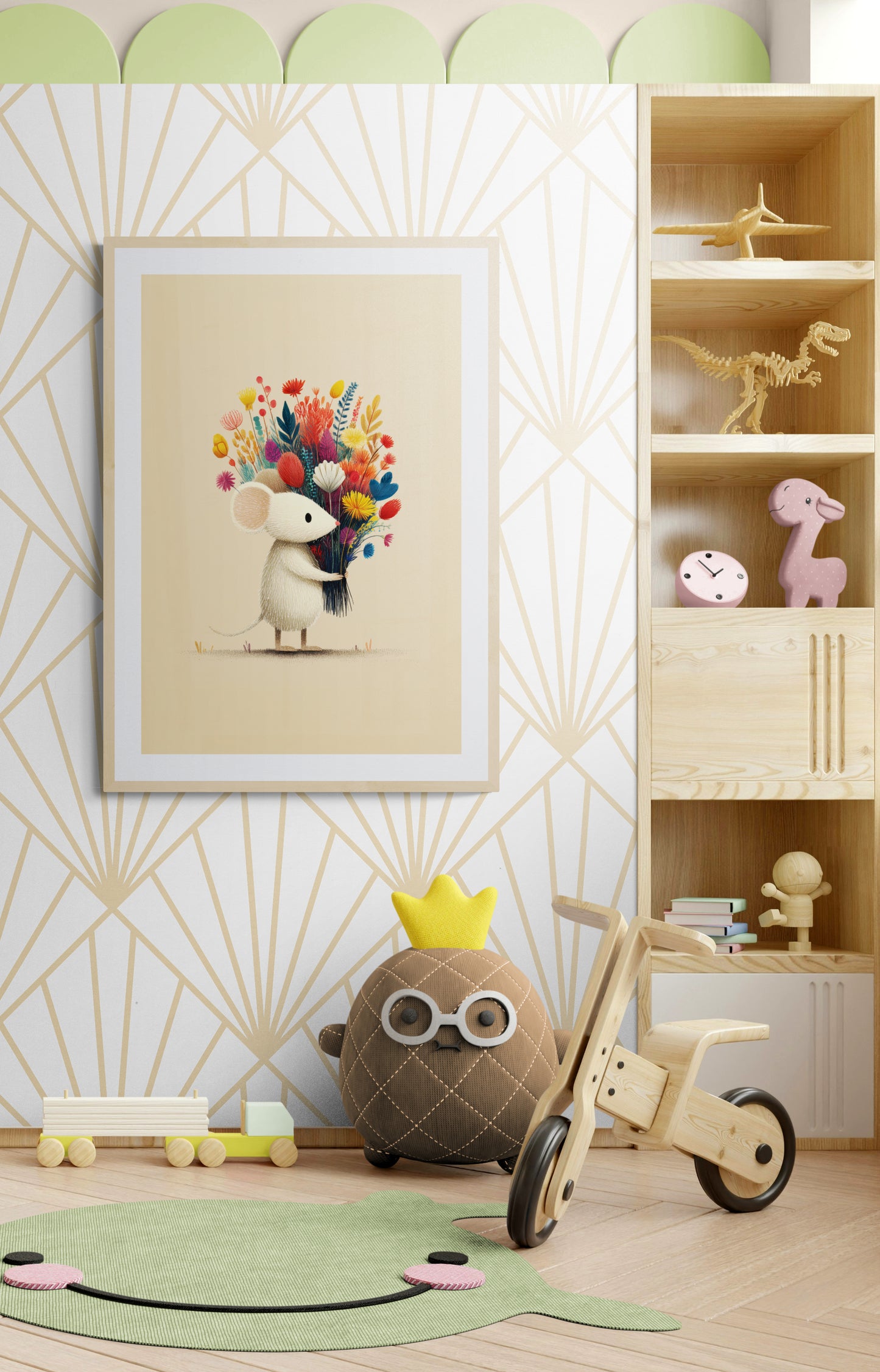 Whimsical Little Mouse with Wildflower Bouquet – Minimalist Nursery Wall Art Illustration on Soft Beige