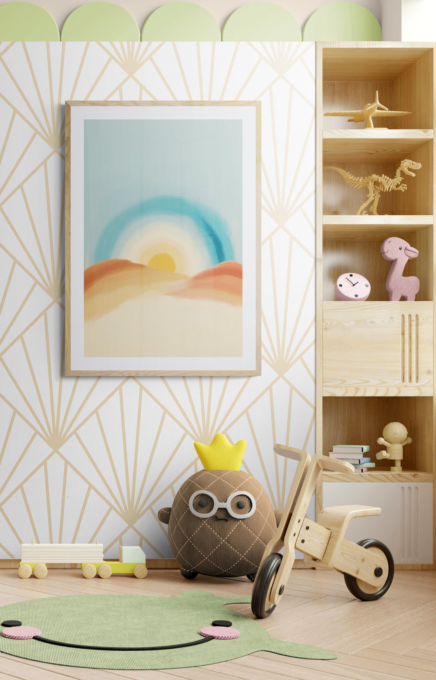 Pastel Sun Over Desert Hills Nursery Wall Art, Minimalist Boho Landscape Print for Kids Room Decor