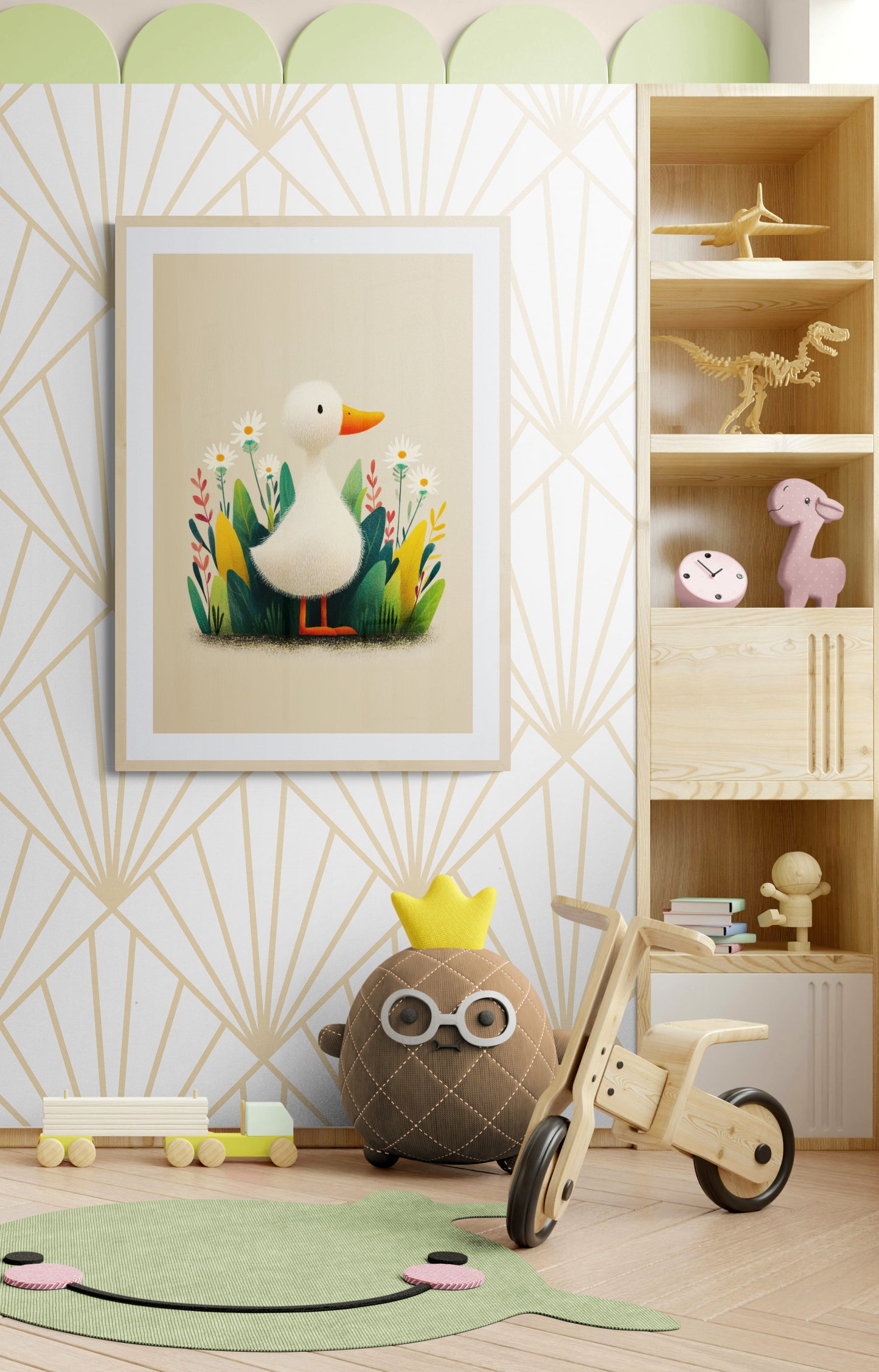 Whimsical Duckling in a Wildflower Garden – Gentle Minimalist Illustrative Nursery Wall Art on Soft Beige
