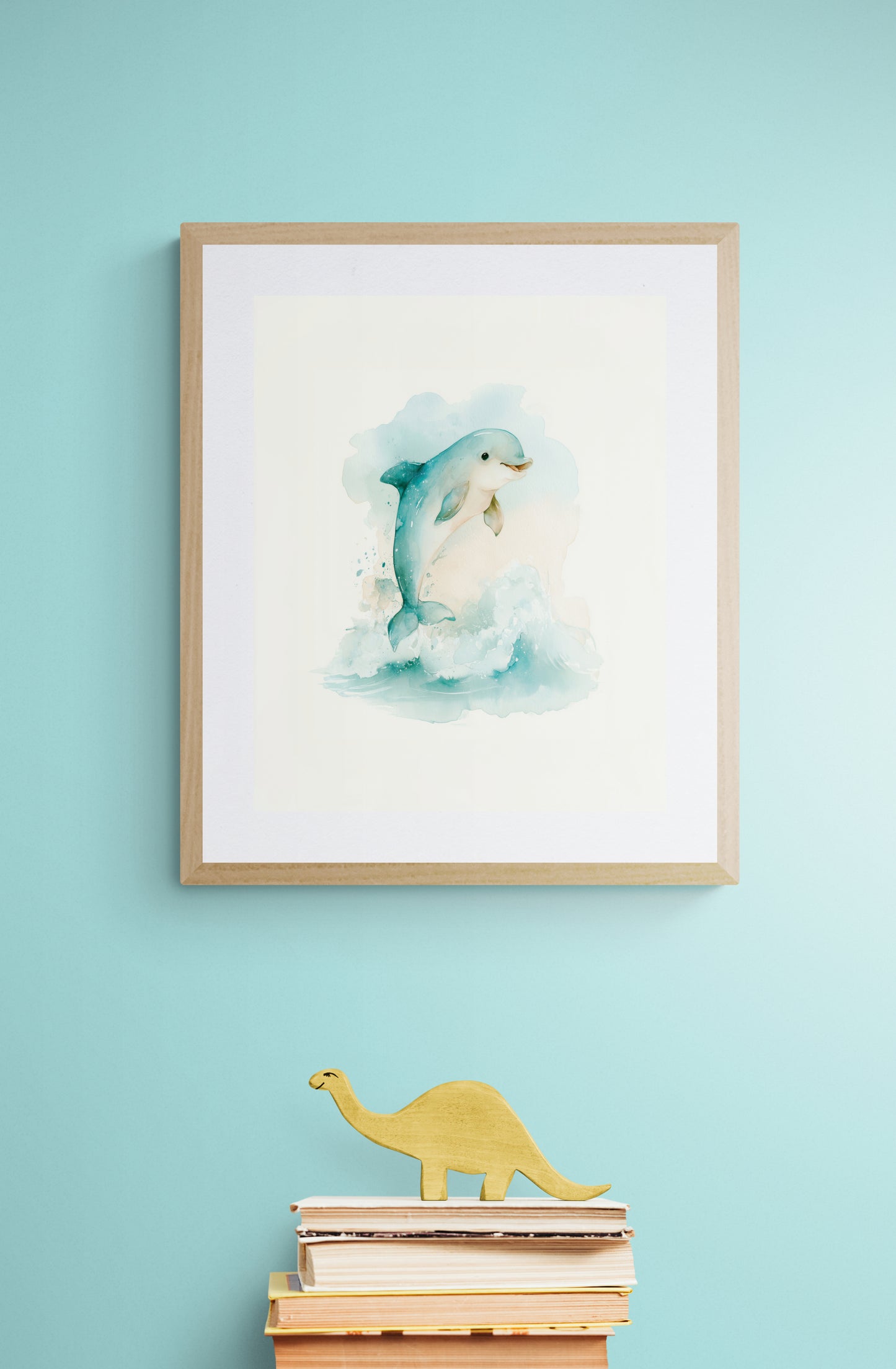Playful Dolphin Splash Watercolor – Whimsical Ocean Nursery Wall Art in Soft Blue and Seafoam