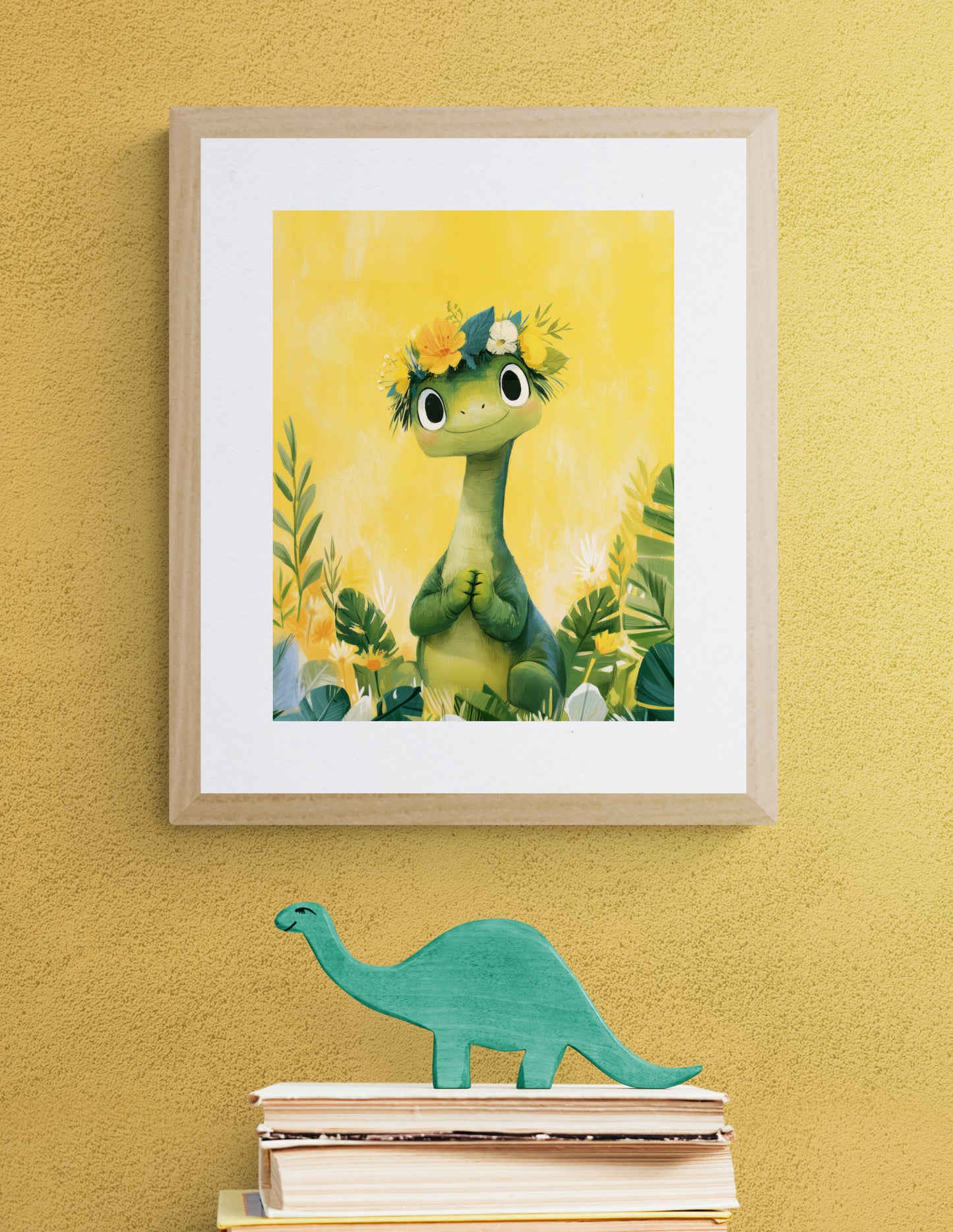 Smiling Dinosaur with Flower Crown on Sunny Yellow - Whimsical Green Nursery Illustration
