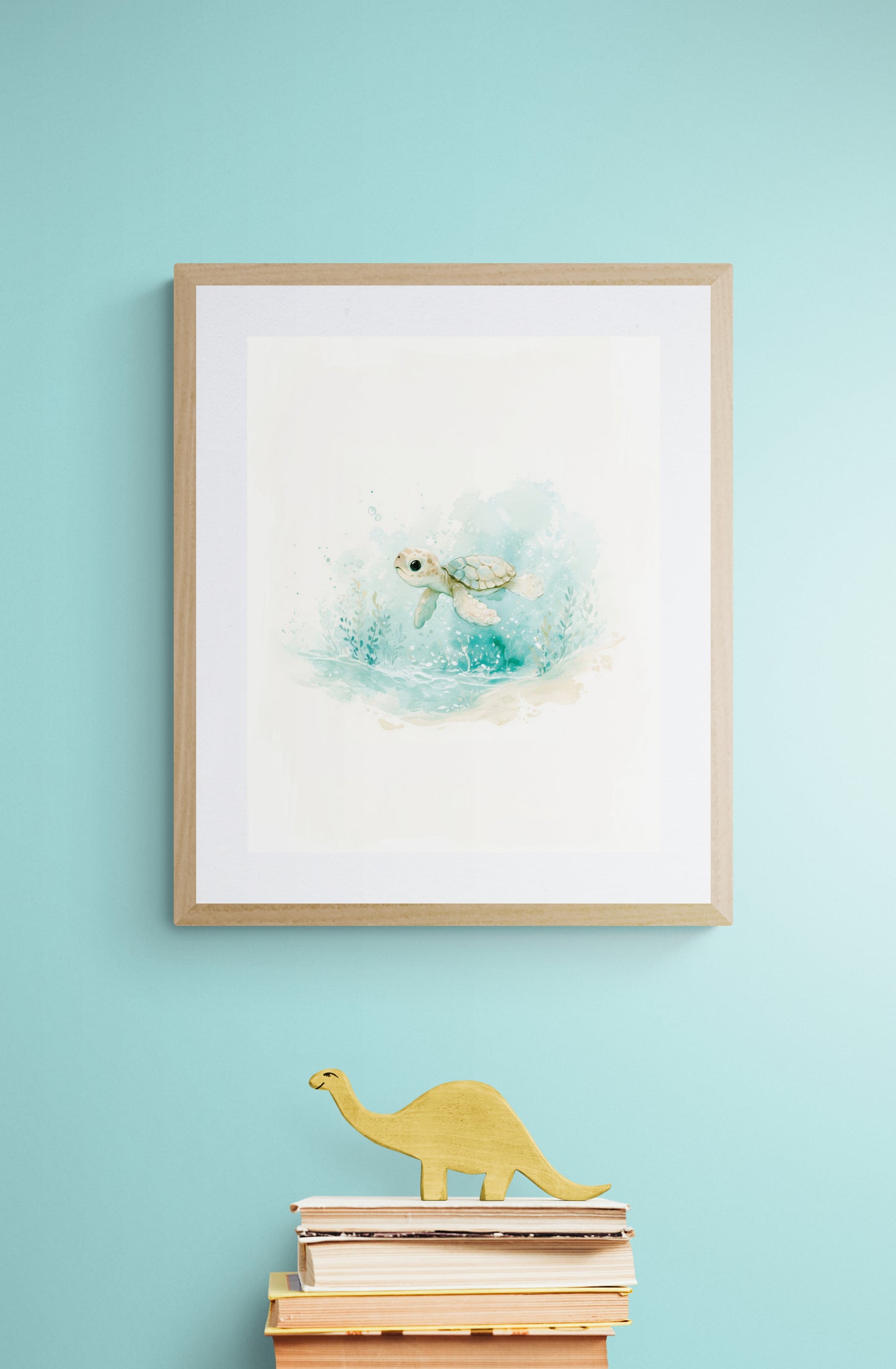 Baby Sea Turtle Watercolor – Whimsical Ocean Nursery Wall Art in Soft Aqua and Mint