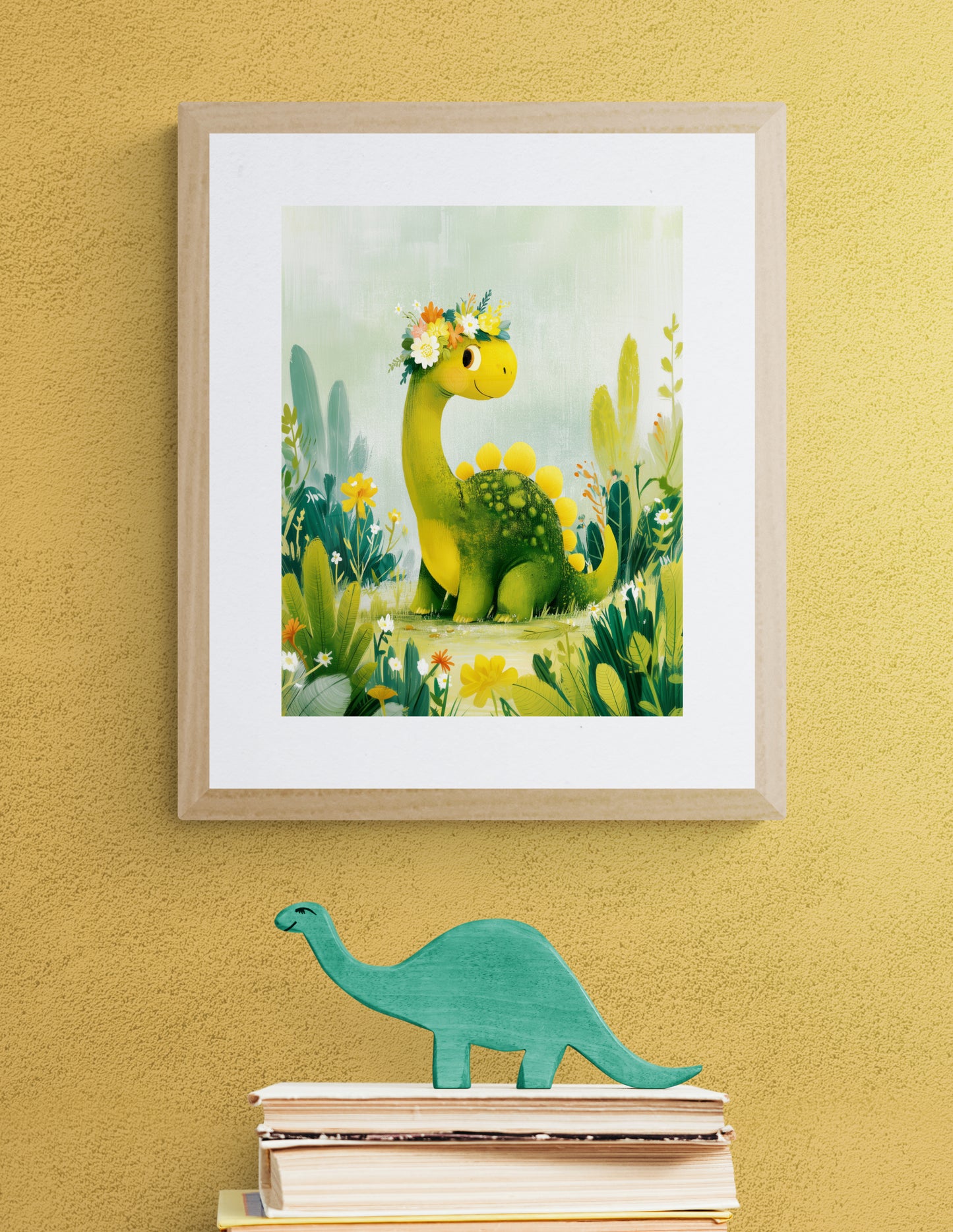 Smiling Dinosaur with Flower Crown in Wildflower Meadow - Whimsical Green and Yellow Nursery Wall Art Illustration