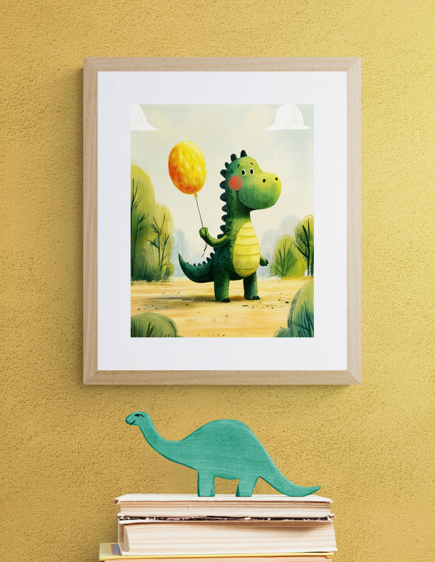 Cheerful Green Dinosaur with Yellow Balloon – Whimsical Nursery Illustration in Soft Greens and Sunshine Yellows