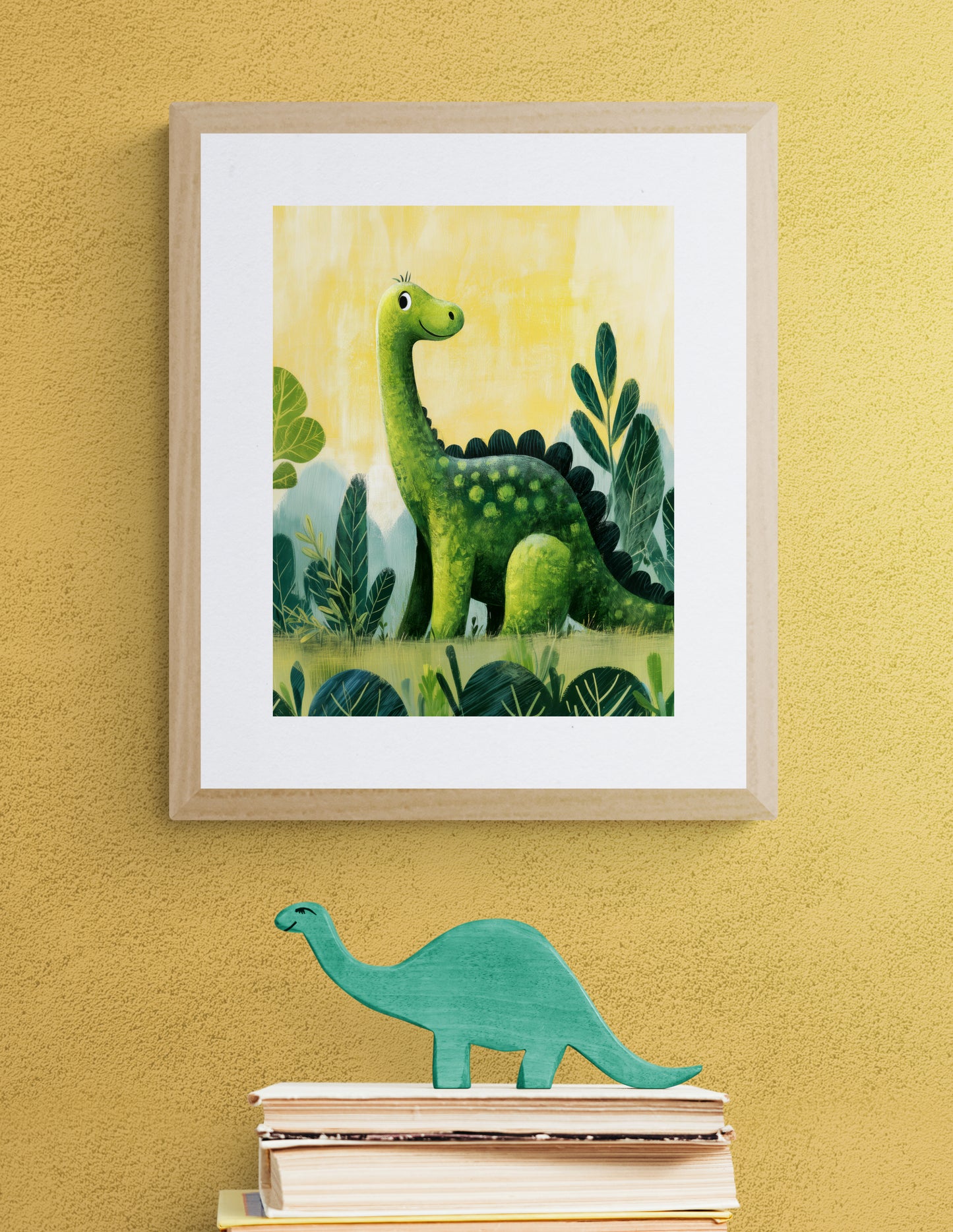 Happy Green Dinosaur in a Jungle – Whimsical Kids Wall Art Print, Playful Nursery Decor, Cute Brontosaurus Illustration