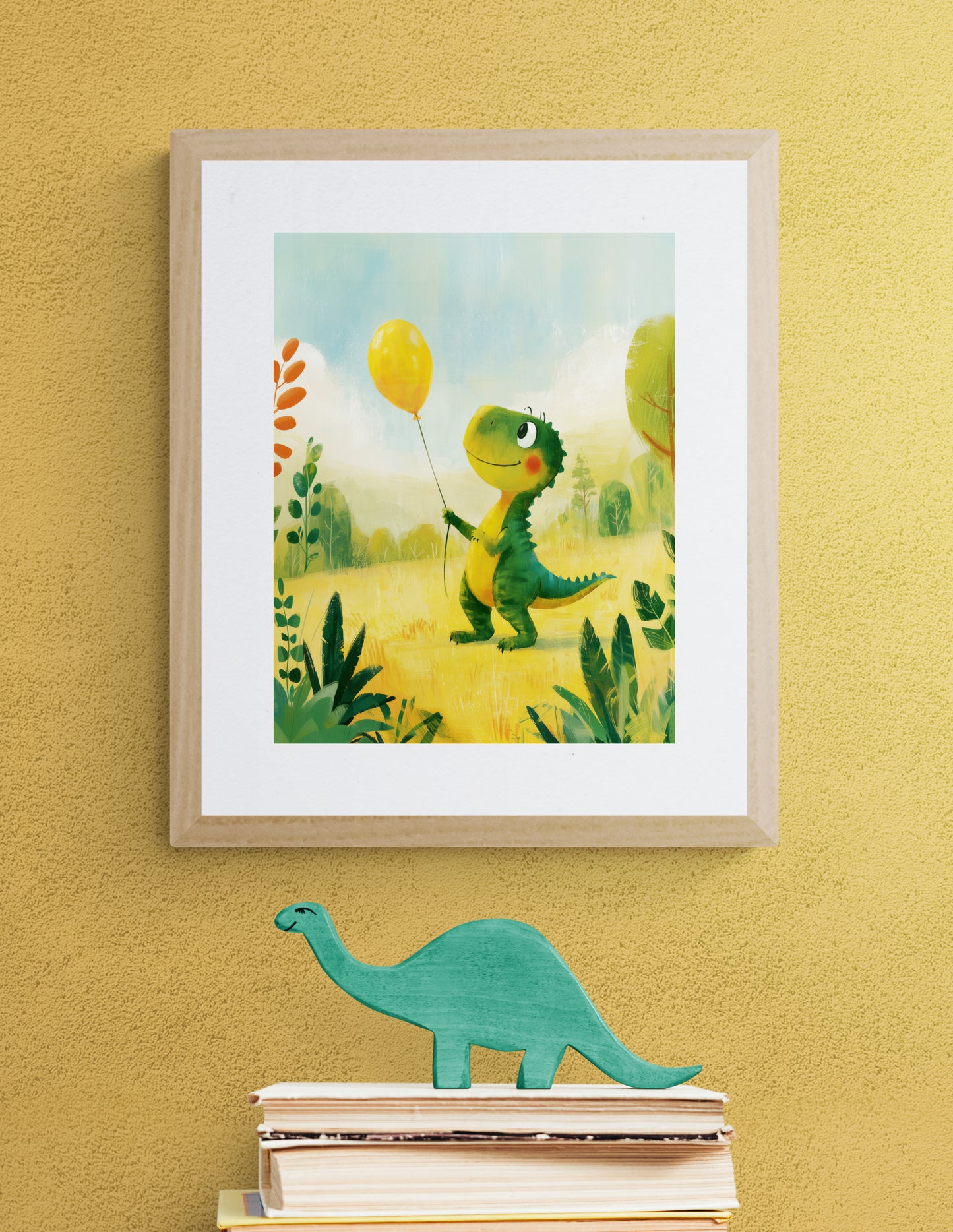 Smiling Dinosaur with Yellow Balloon in a Sunny Meadow – Whimsical Green Dino Illustration for Nursery and Kids Room