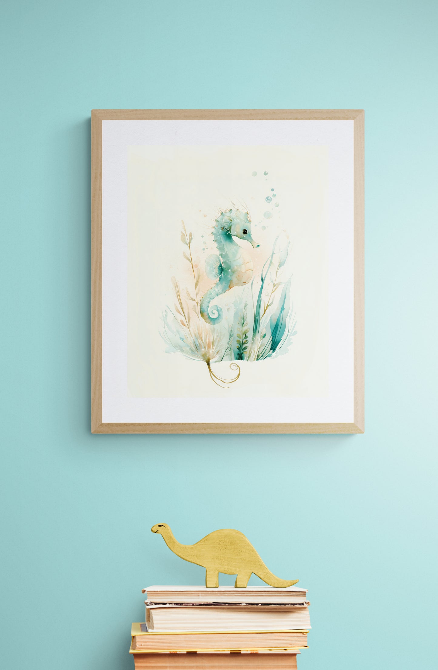 Whimsical Seahorse Watercolor Print in Soft Blue and Green – Calming Coastal Ocean Nursery Wall Art