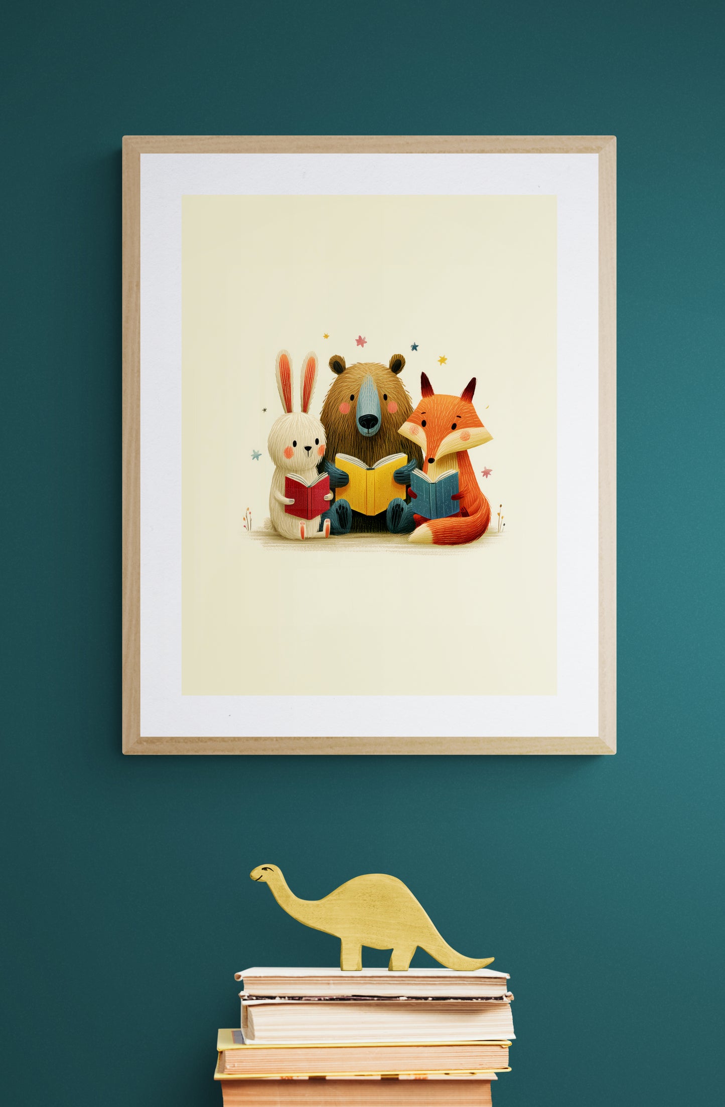 Storytime Forest Friends Minimalist Animal Illustration for Nursery and Kids Room with Fox Bear and Bunny Reading Books