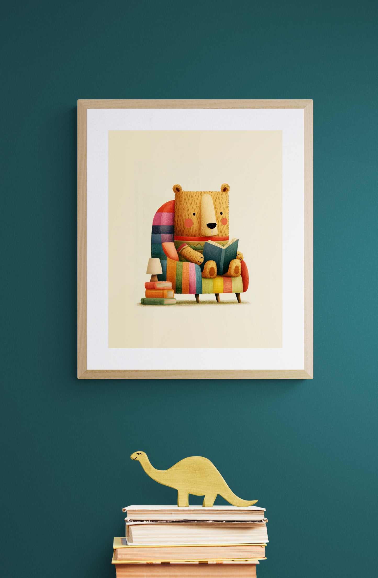 Cozy Reading Bear in Rainbow Stripe Armchair – Whimsical Nursery Animal Illustration Wall Art
