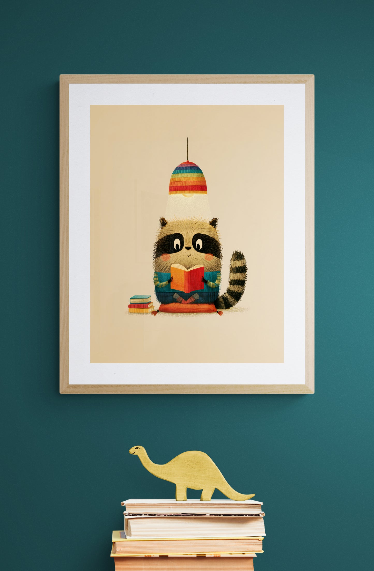 Reading Raccoon Under Rainbow Lamp – Whimsical Woodland Nursery Illustration in Cozy Beige and Blue